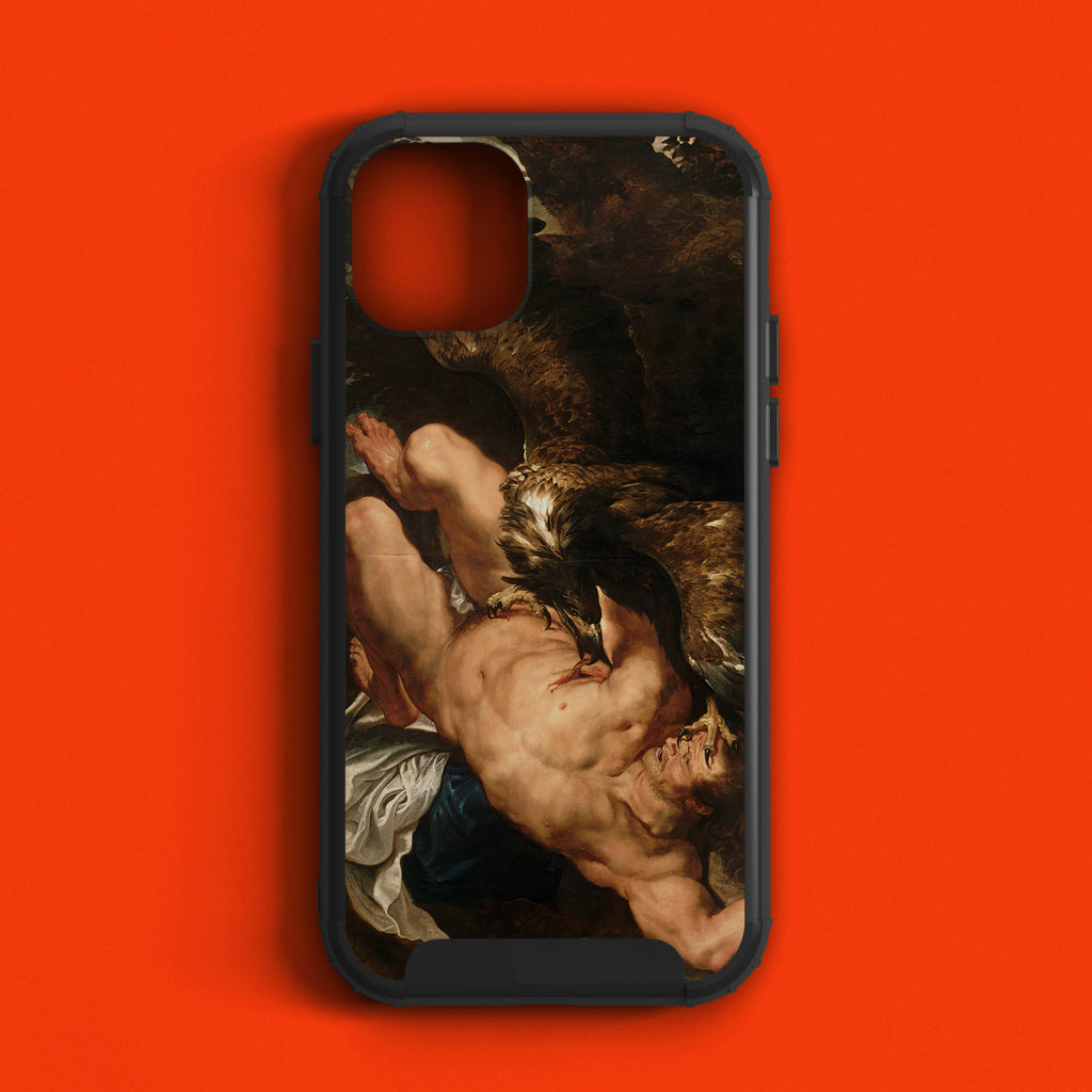 Close-up of a premium art phone case featuring Rubens' Prometheus Bound painting, offering stylish protection for your smartphone with classical art design.