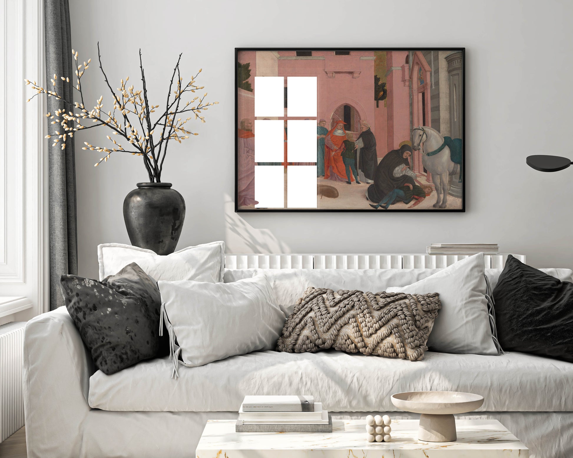 A beautiful, museum-quality framed art print of Bartolomeo degli Erri's "Saint Dominic Resuscitating Napoleone Orsini," perfect as a piece of luxury wall art for a refined interior. The print is showcased in a classic frame that enhances the rich colours of the Italian Renaissance painting.