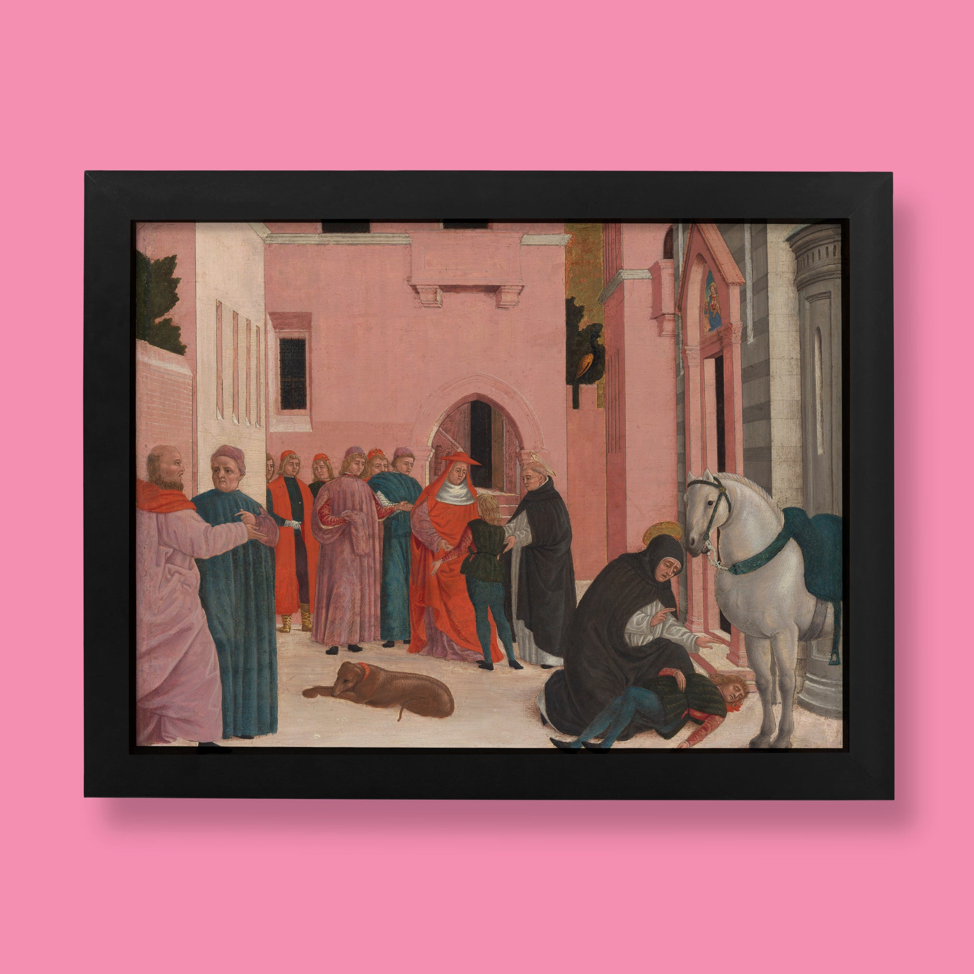 A museum-quality giclée fine art print of Bartolomeo degli Erri's 15th-century masterpiece "Saint Dominic Resuscitating Napoleone Orsini," a captivating scene of a miracle from the Italian Renaissance. This wall art depicts Saint Dominic kneeling to revive a young man, with onlookers and a horse nearby.