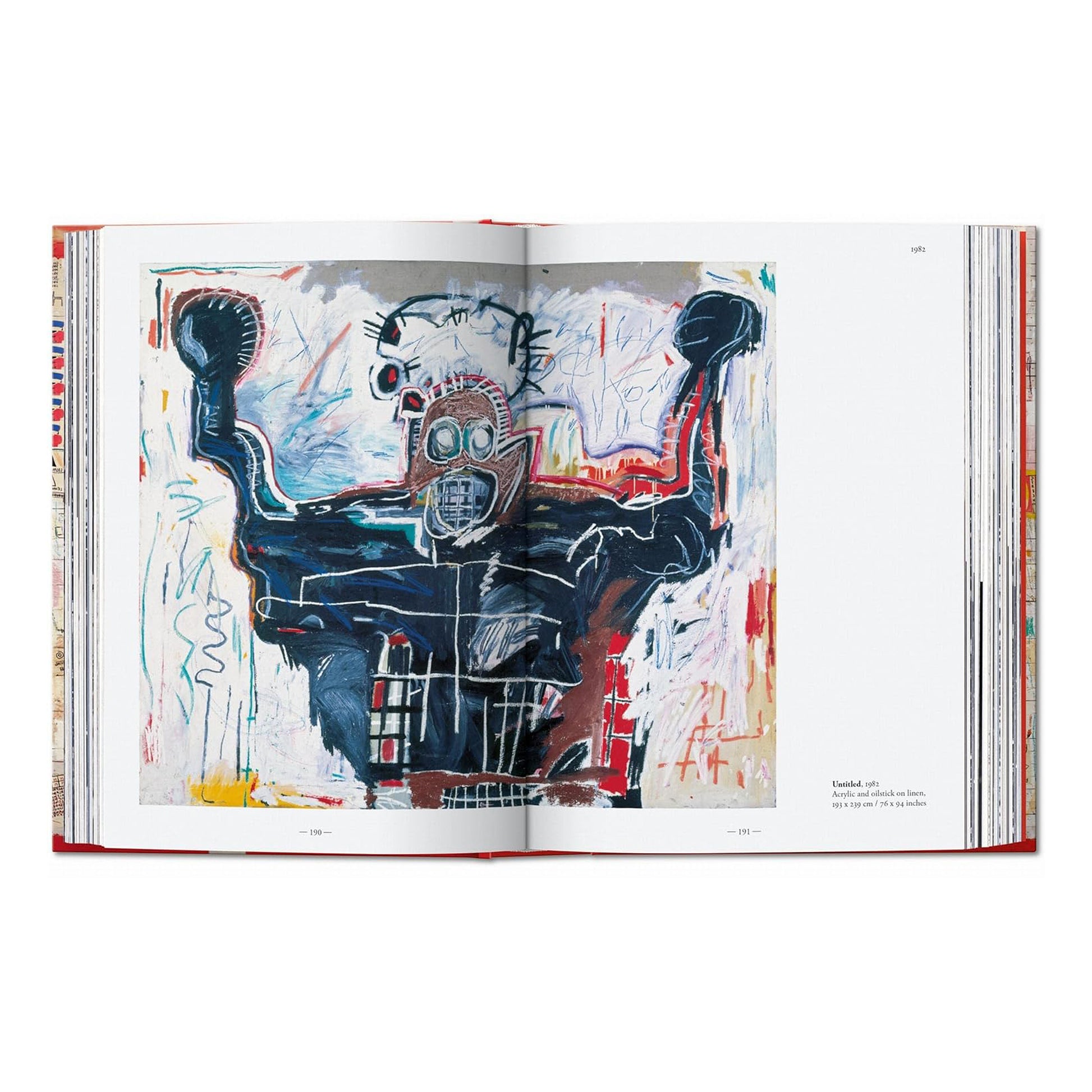 An interior spread from the Taschen art monograph, showcasing a full-page reproduction of a vibrant Jean-Michel Basquiat painting, essential for art history enthusiasts and modern art collectors.