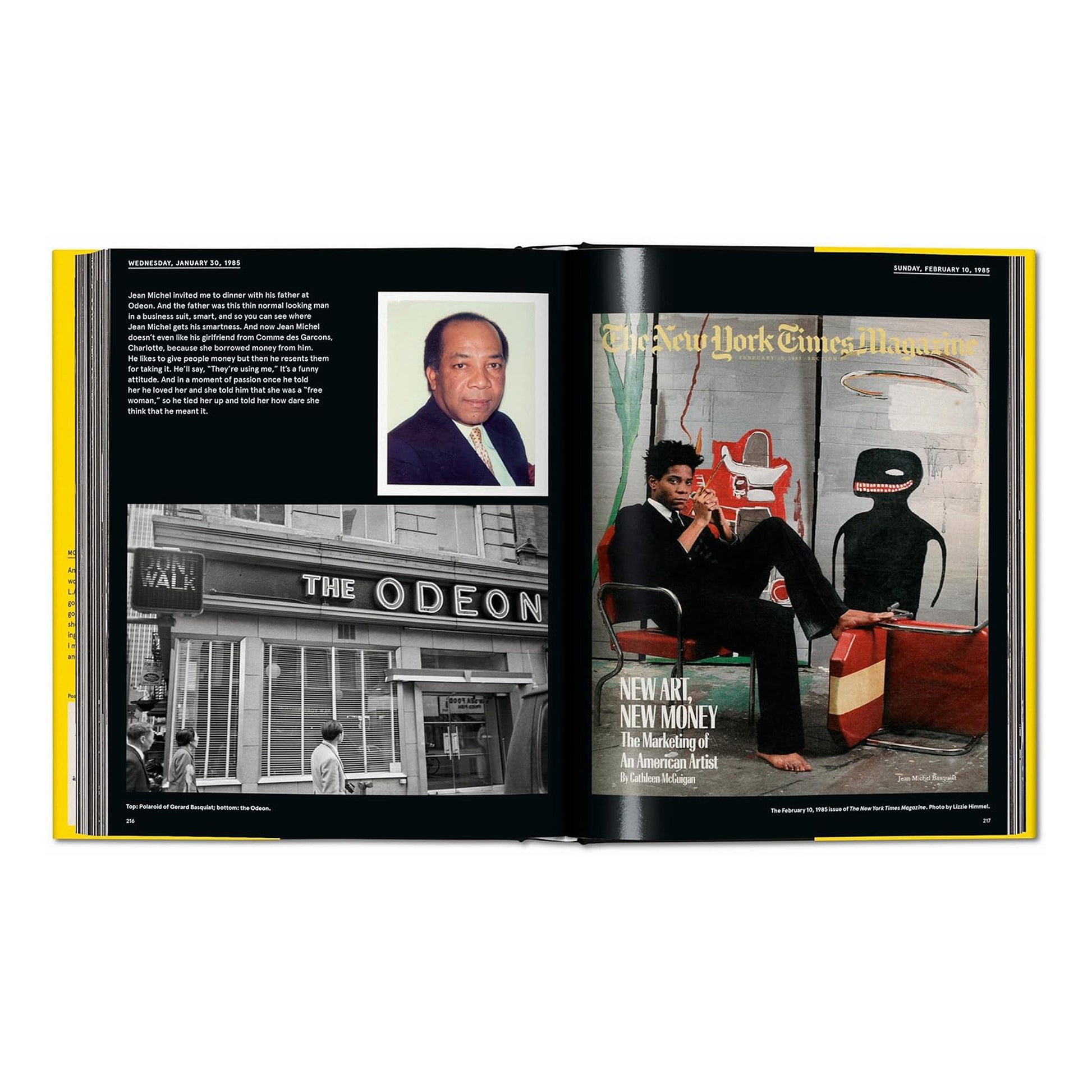 A two-page spread from the TASCHEN book, featuring a photograph of Jean-Michel Basquiat next to a painting on one side and the cover of a New York Times Magazine article about him on the other.