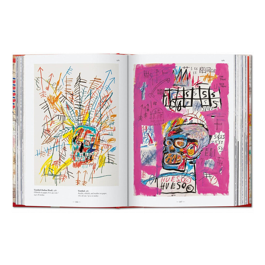 An open spread from the luxury Taschen art book on Jean-Michel Basquiat, displaying high-quality reproductions of the artist's paintings and drawings, ideal for art enthusiasts and students.