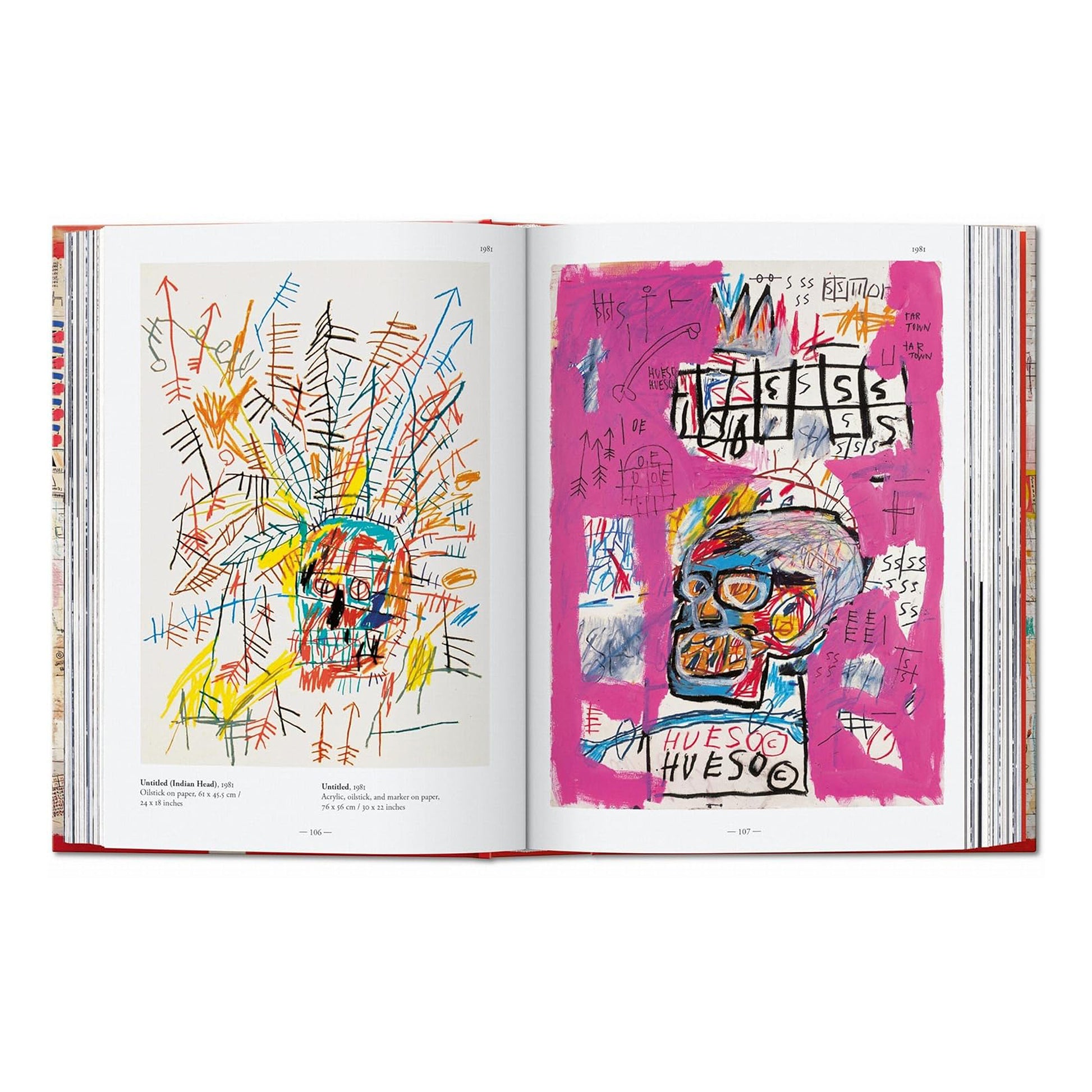 An open spread from the luxury Taschen art book on Jean-Michel Basquiat, displaying high-quality reproductions of the artist's paintings and drawings, ideal for art enthusiasts and students.