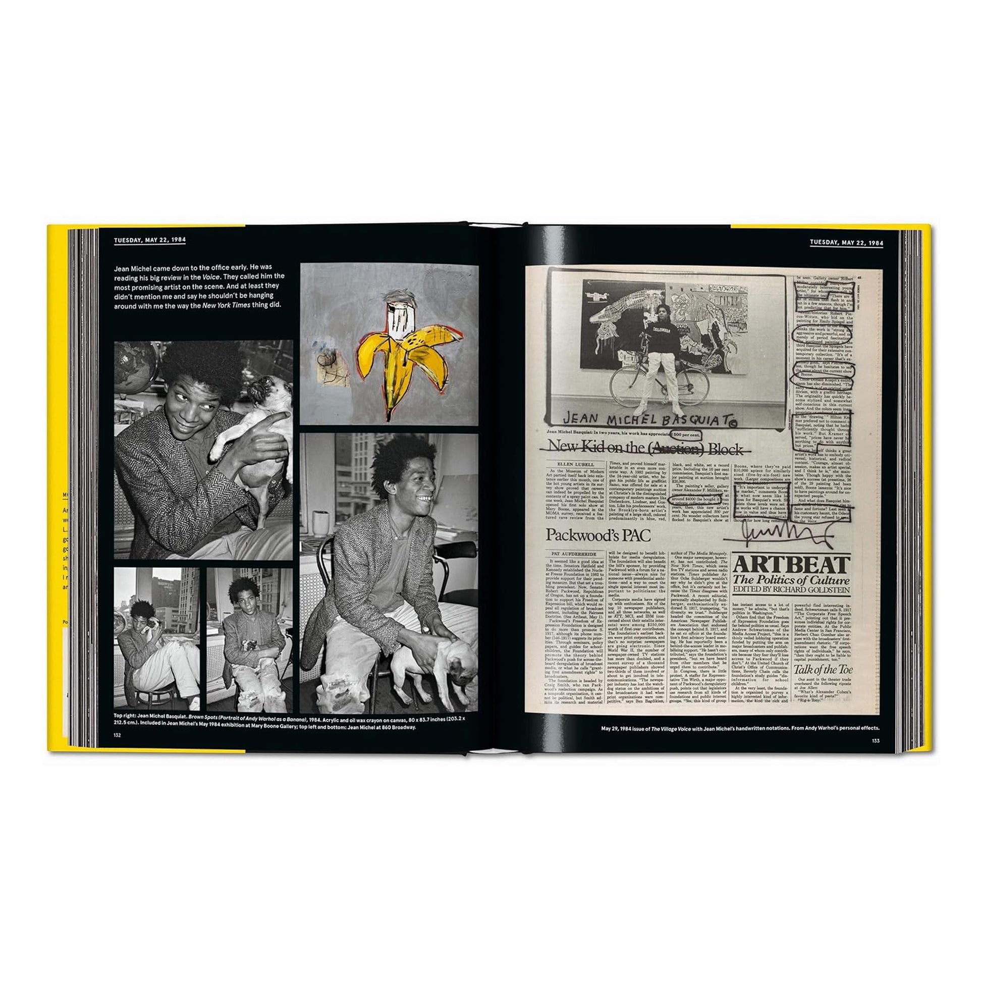 A two-page spread from the coffee table art book, showing black and white portraits of Jean-Michel Basquiat and a newspaper article about him with Andy Warhol's annotations. The spread also features a painting of a banana.