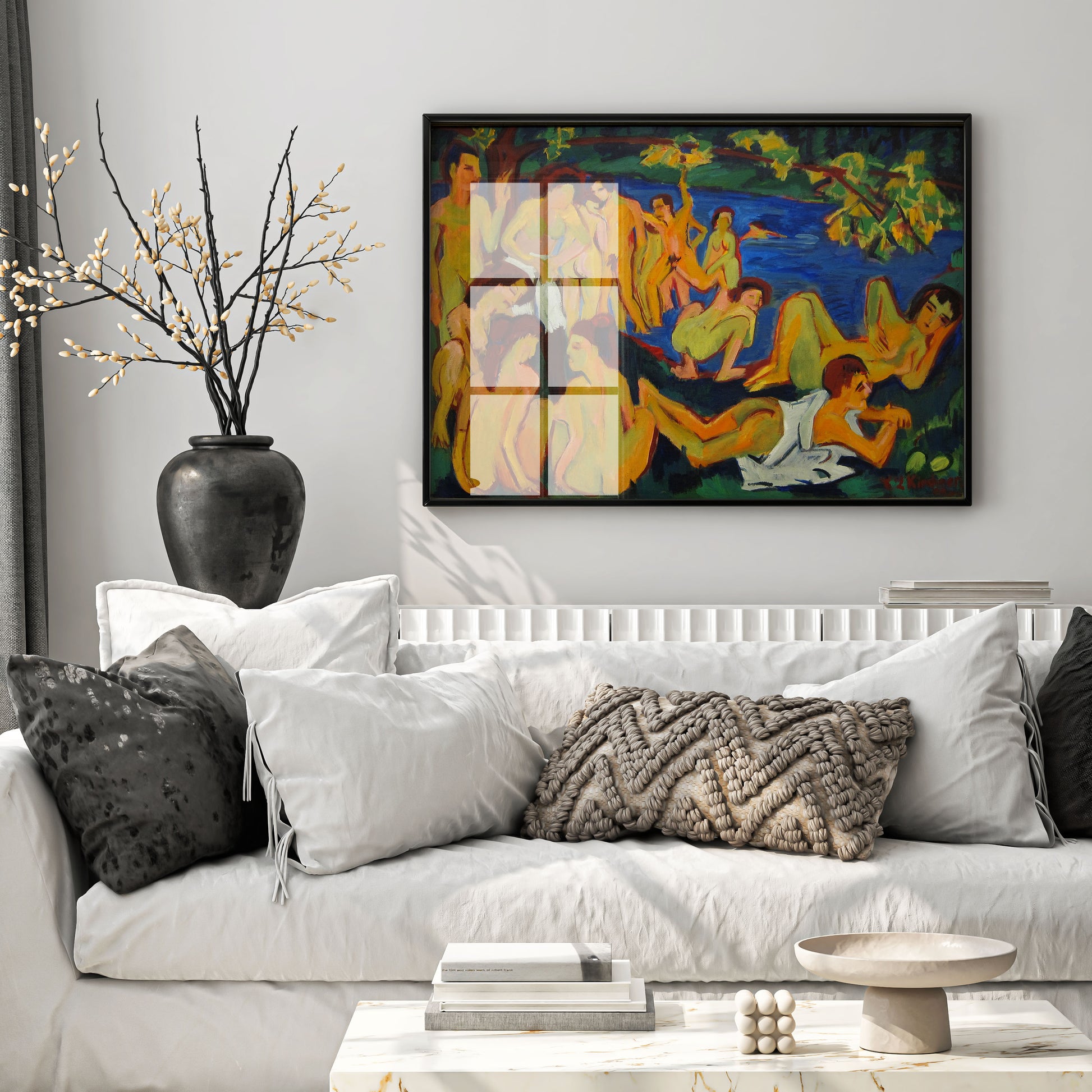 Expressionist art print of the Moritzburg Lakes near Dresden, bold yellow and cobalt blue palette