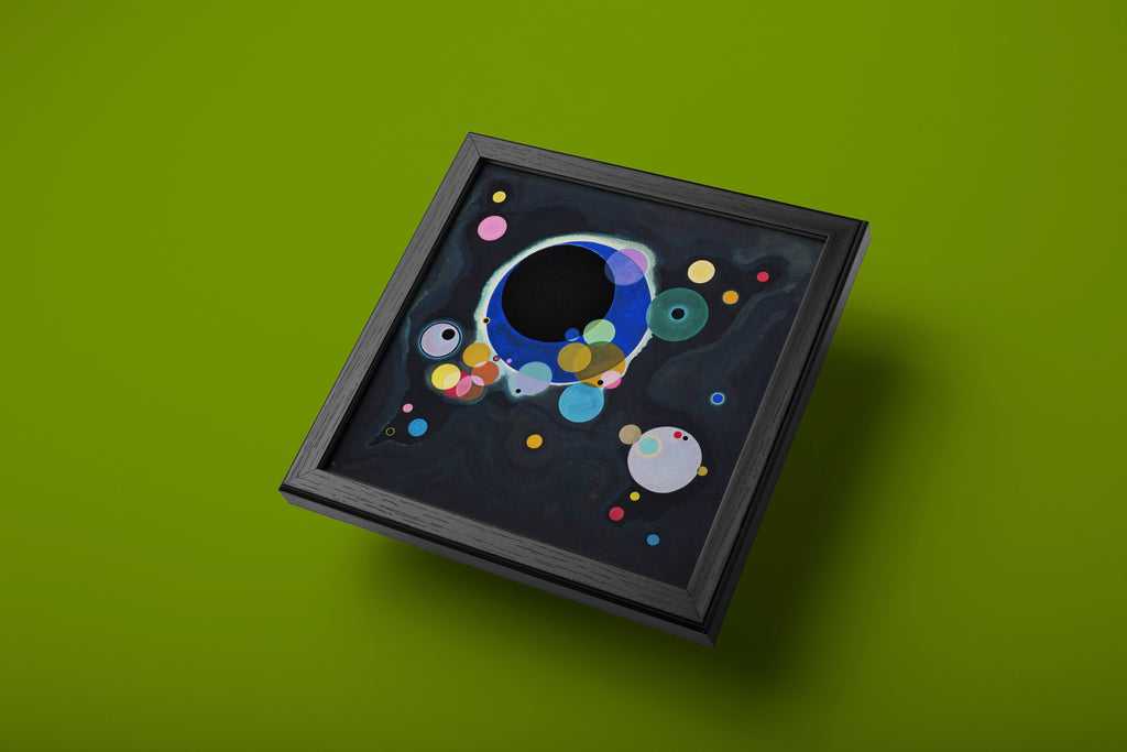 Kandinsky Several Circles premium wall art print with vibrant coloured circles floating on black canvas, high-quality abstract art for contemporary spaces