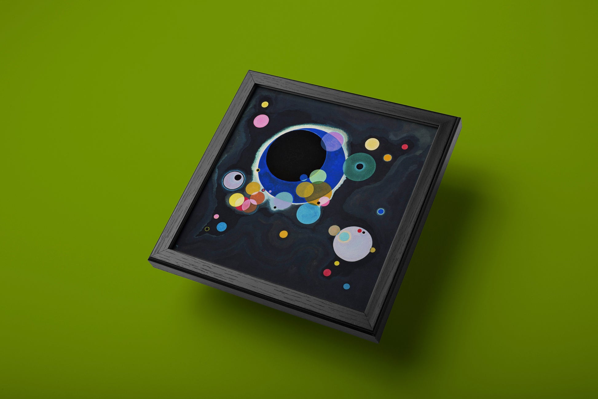 Kandinsky Several Circles premium wall art print with vibrant coloured circles floating on black canvas, high-quality abstract art for contemporary spaces