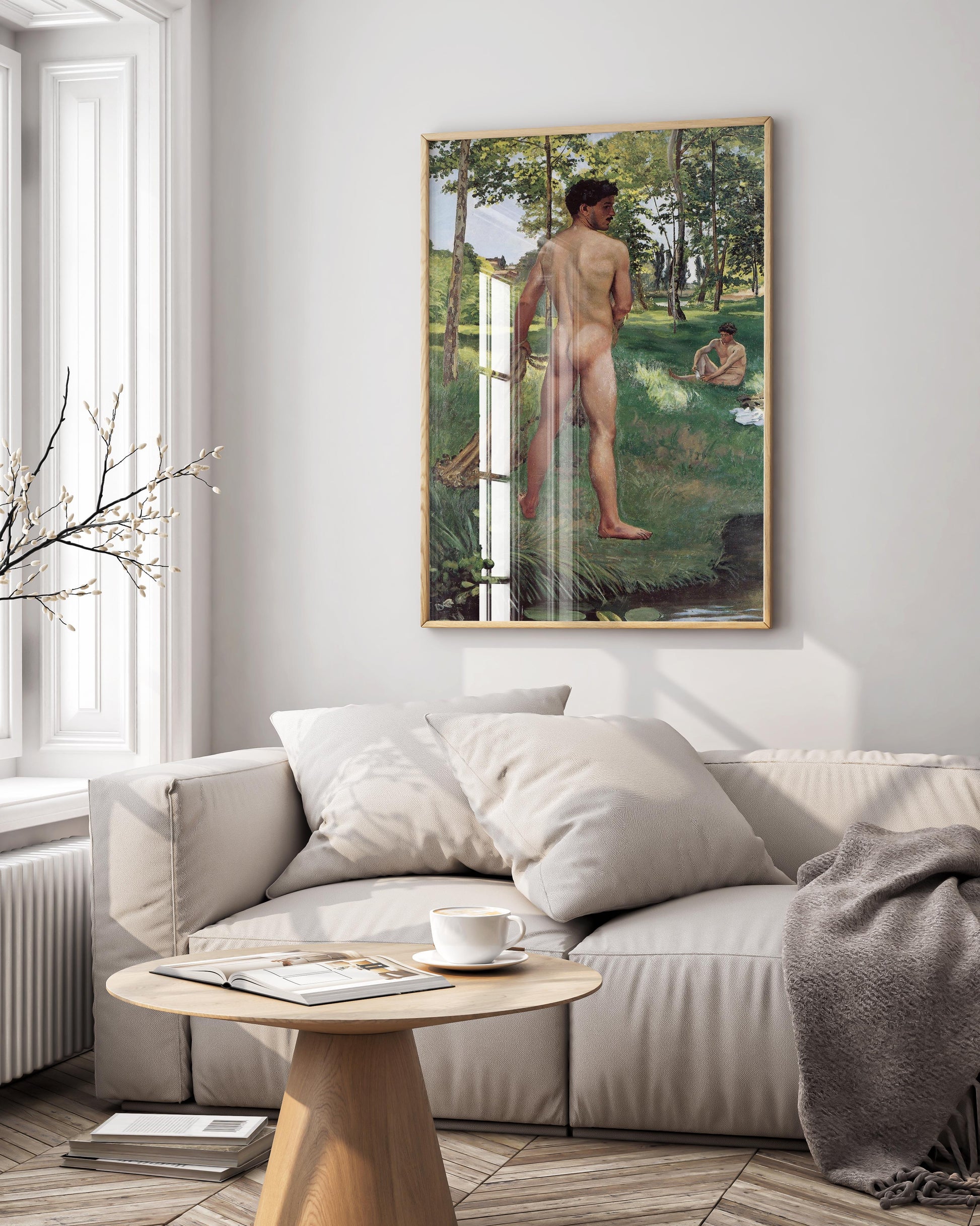 Framed art print of Frédéric Bazille's "Fisherman with a Net," a stunning example of queer art, hanging as a focal point in a modern, luxury living room with elegant furniture.
