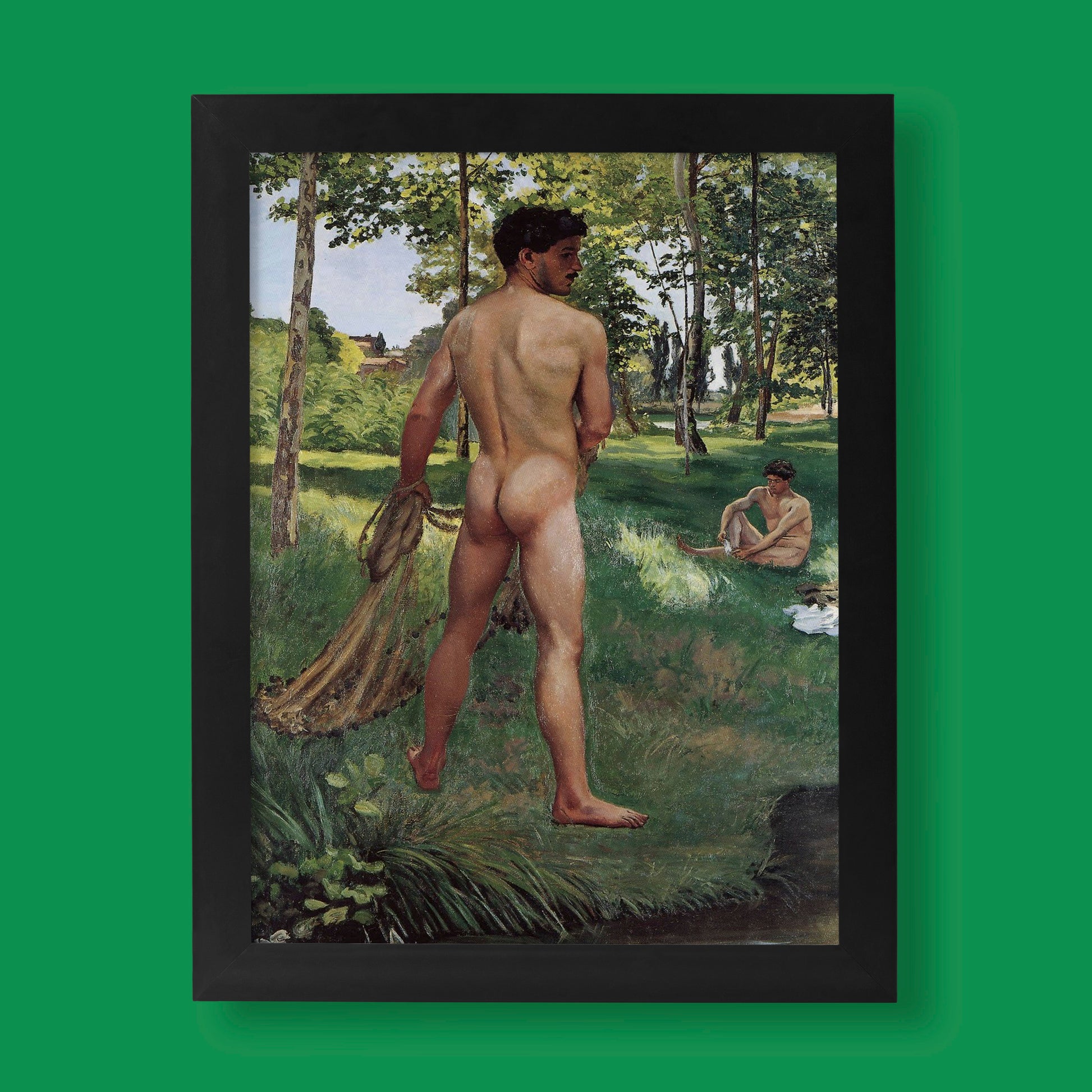 Frédéric Bazille's "Fisherman with a Net" queer art print, a sensual Impressionist painting celebrating the male form with a queer male gaze.