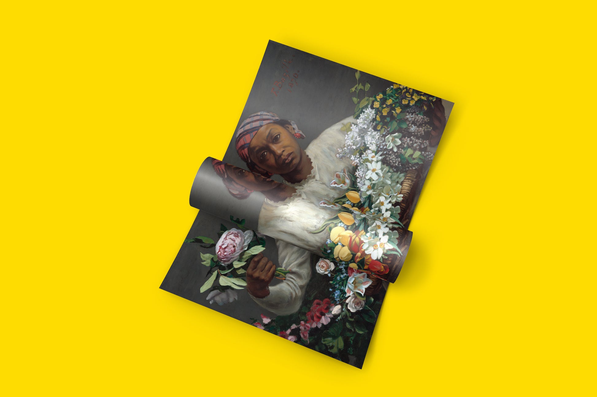 A detailed reproduction of the historical painting Young Woman with Peonies by the artist Frédéric Bazille.