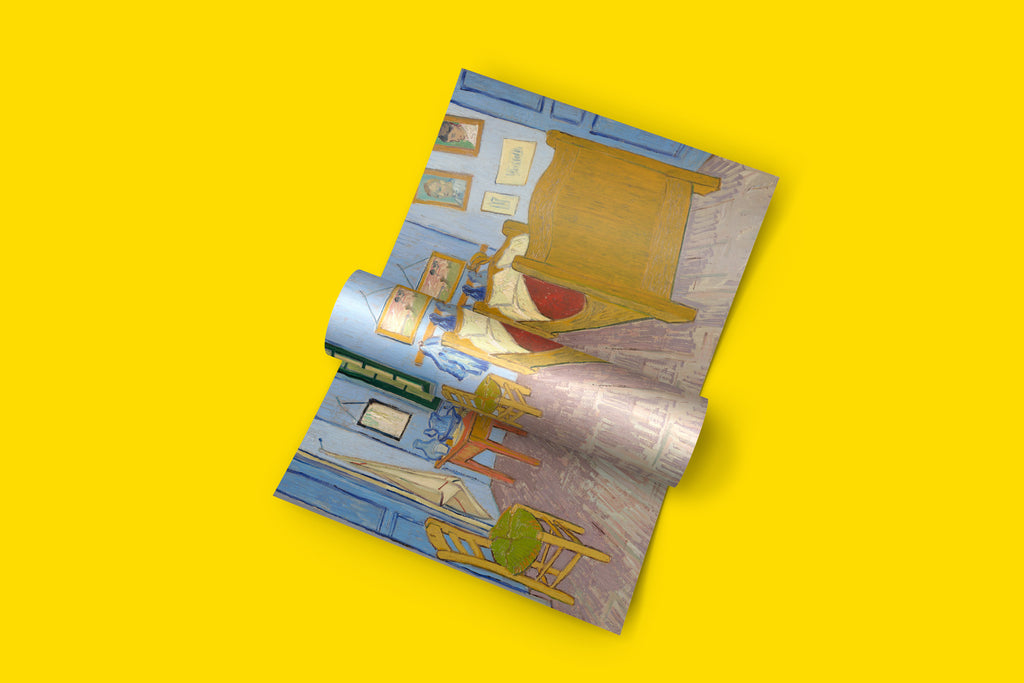 Post-Impressionist bedroom scene art print by Vincent van Gogh featuring vibrant colors and flattened perspective, perfect fine art wall decor for interior design