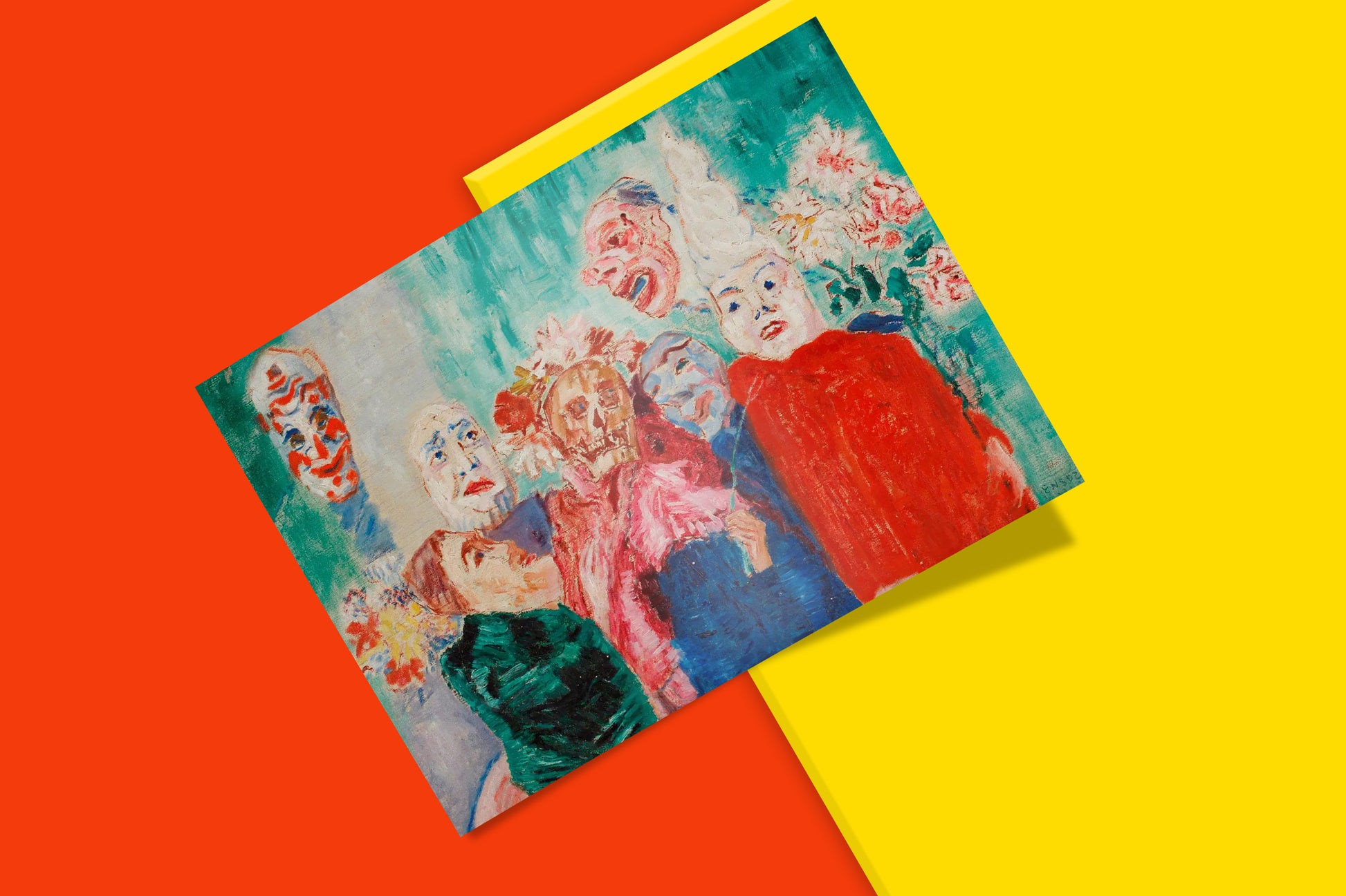 Belgian Expressionist painting reproduction of theatrical masks and grotesque faces by James Ensor, high-quality art print for collectors and interior design