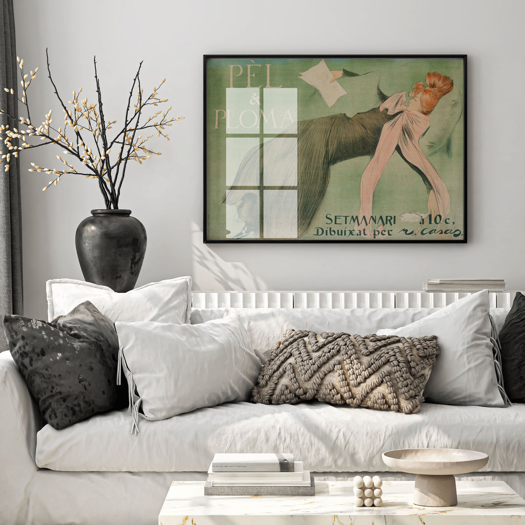 Ramon Casas lithograph wall art print displayed in modern living room interior with vintage Belle Époque poster aesthetic