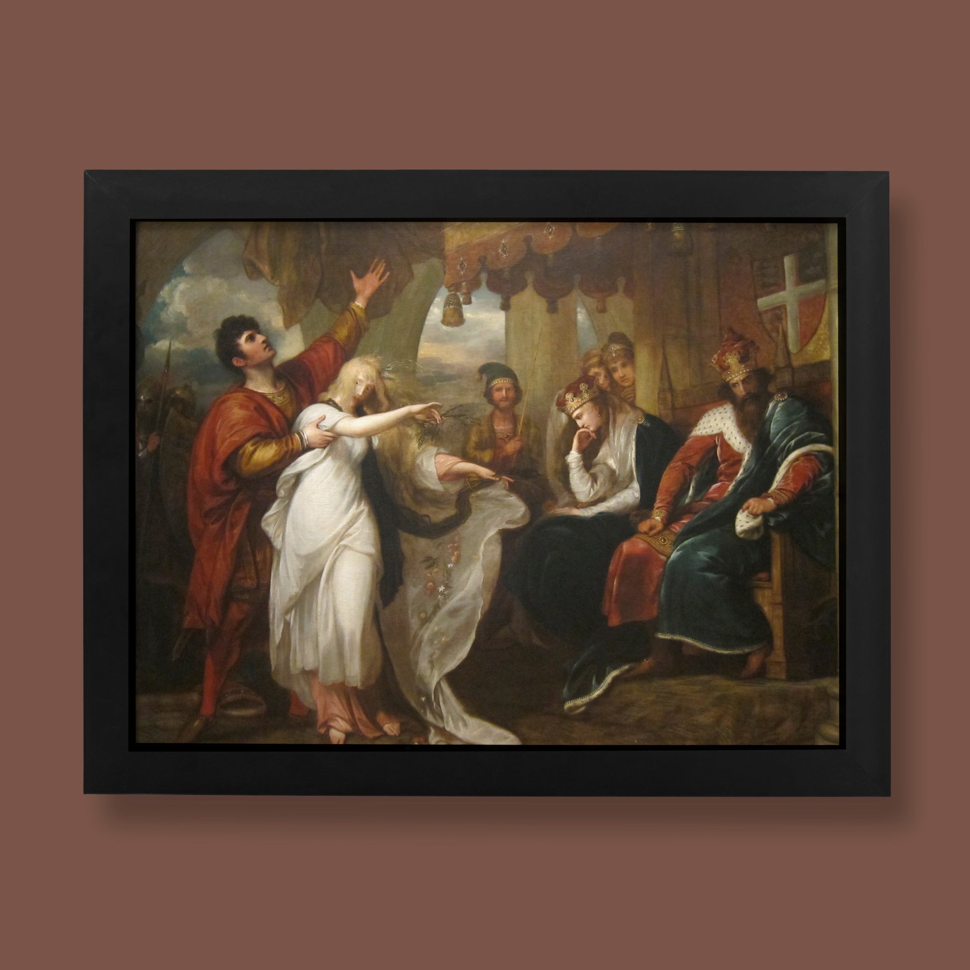 A detailed giclée art print of Benjamin West’s painting depicting Ophelia and Laertes from Shakespeare's Hamlet, Act 4, Scene 5.