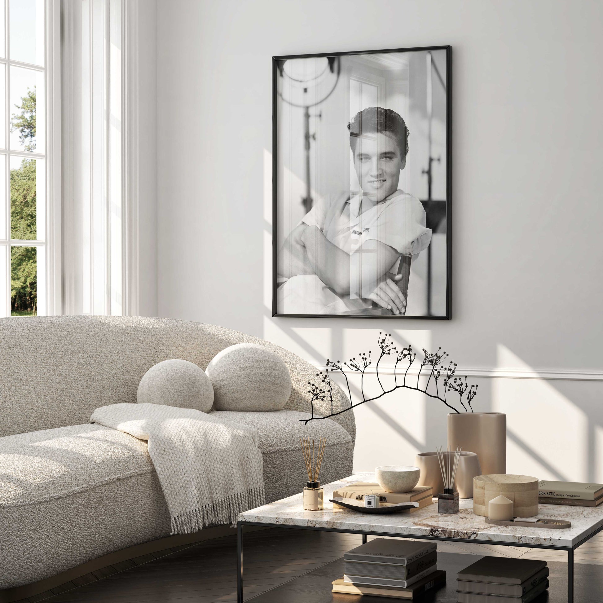 Bespoke framed art print featuring Elvis Presley, adding a touch of iconic style and classic charm to a luxury living room.