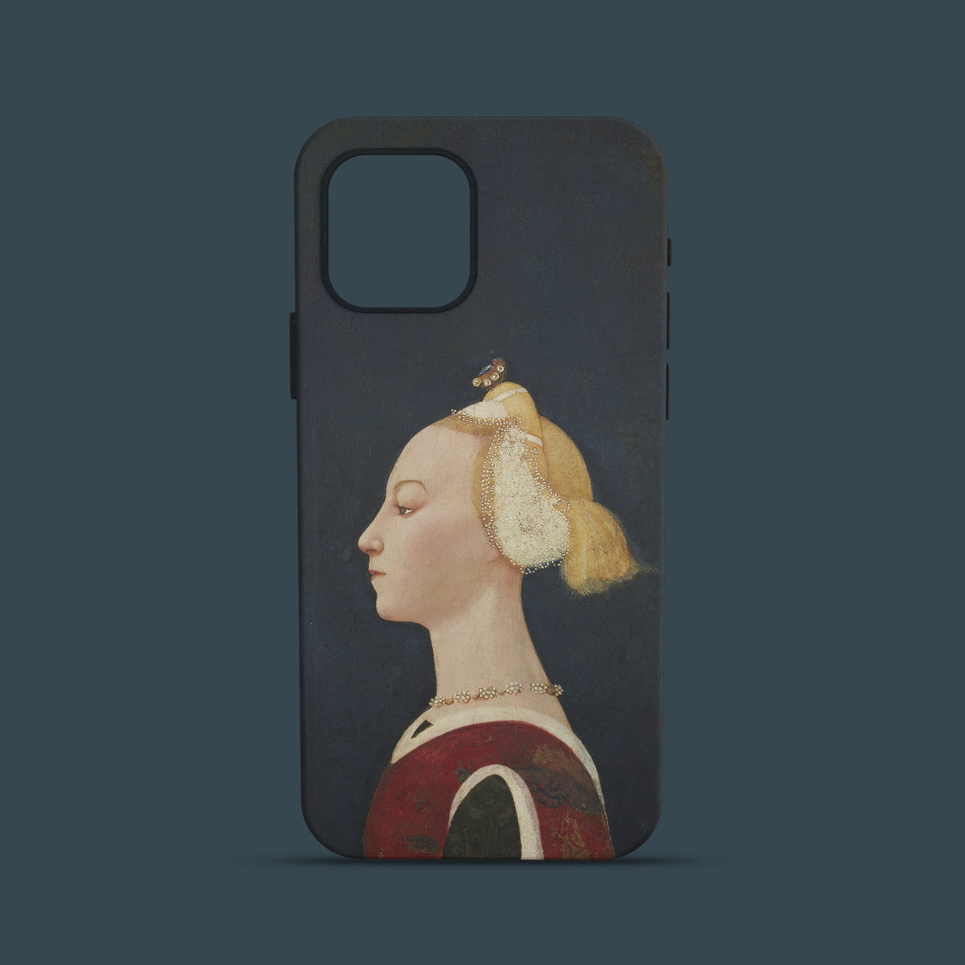 A product shot of a black phone case featuring a print of the Renaissance painting "Portrait of a Woman" by the Master of the Castello Nativity. The phone case is shown from a slight angle against a solid dark background, highlighting the artwork and its protective design.