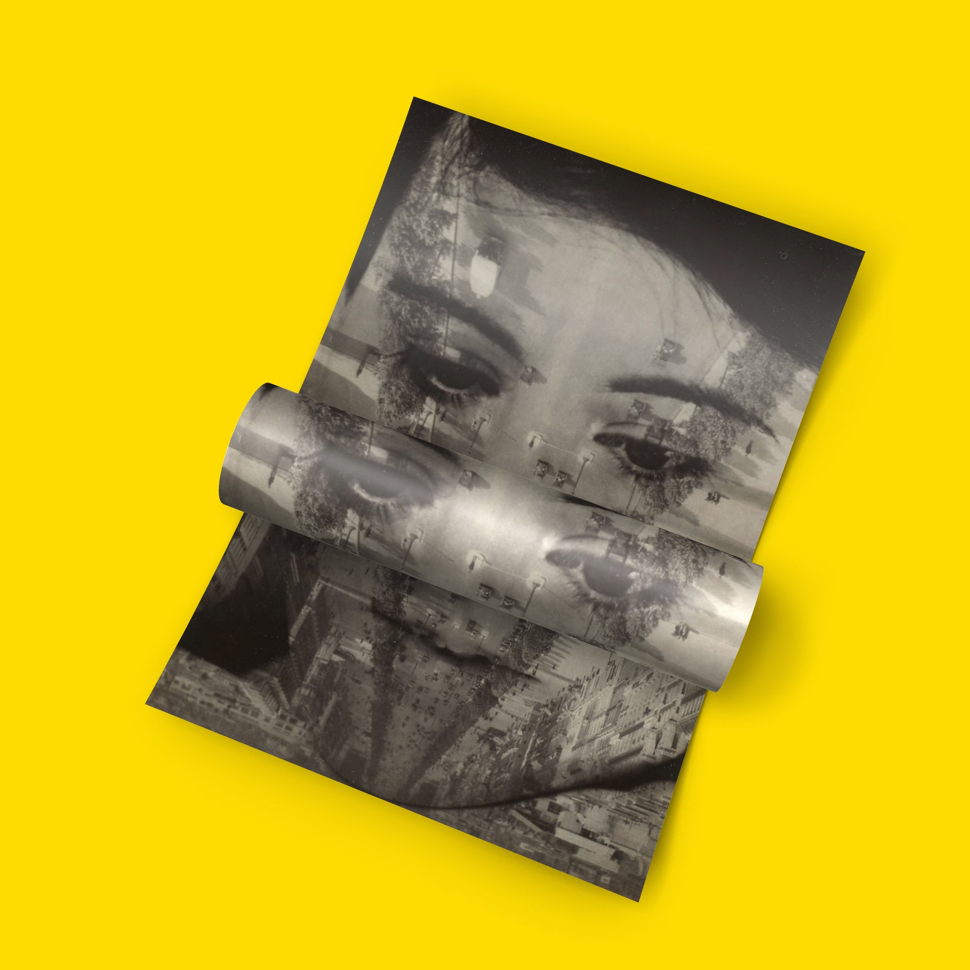 Vintage German photography wall art print by Aenne Biermann showing experimental 1930s photomontage technique with inverted cityscape and portrait