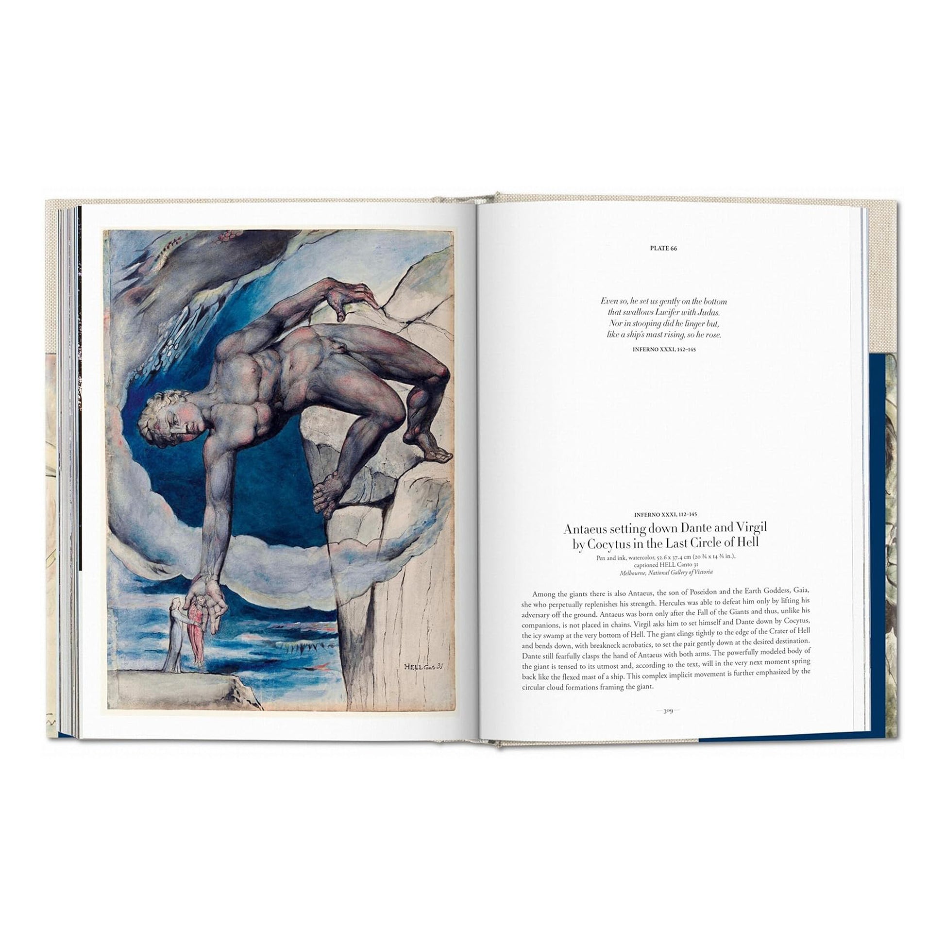 A double-page spread from the art book showing William Blake’s illustration of Antaeus setting down Dante and Virgil into the last circle of Hell, from Inferno Canto 31.