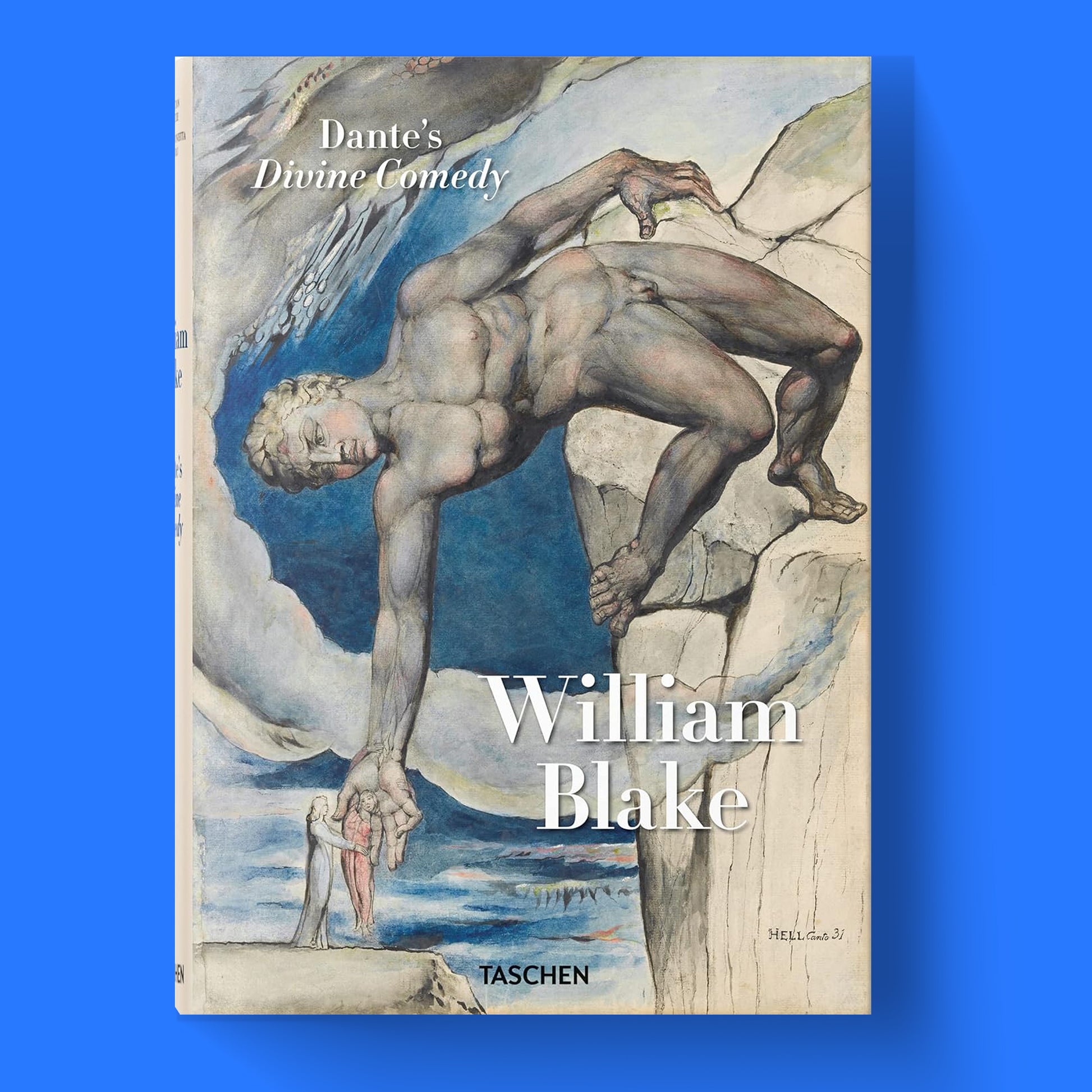 William Blake art book cover for Dante's Divine Comedy, showcasing the painting of Antaeus setting down Dante and Virgil by William Blake.