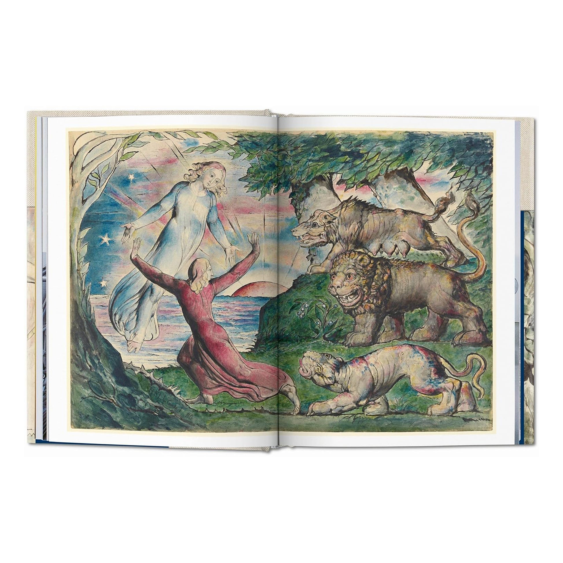 William Blake’s watercolour illustration of Dante lost in the dark wood, confronted by three beasts: a leopard, a lion, and a she-wolf.