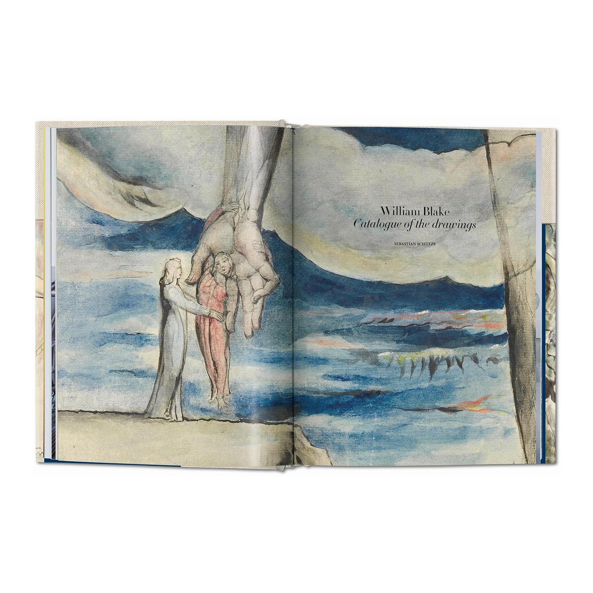 An internal page of the William Blake art book, featuring the title "Catalogue of the drawings" by Sebastian Schütze, with a detail of a Blake drawing.