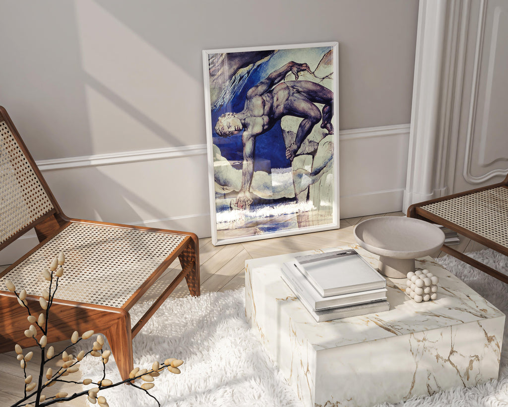 A high-quality giclée print of Blake's masterpiece, "Dante and Virgil," beautifully framed and styled as elegant wall decor in a modern luxury living room.