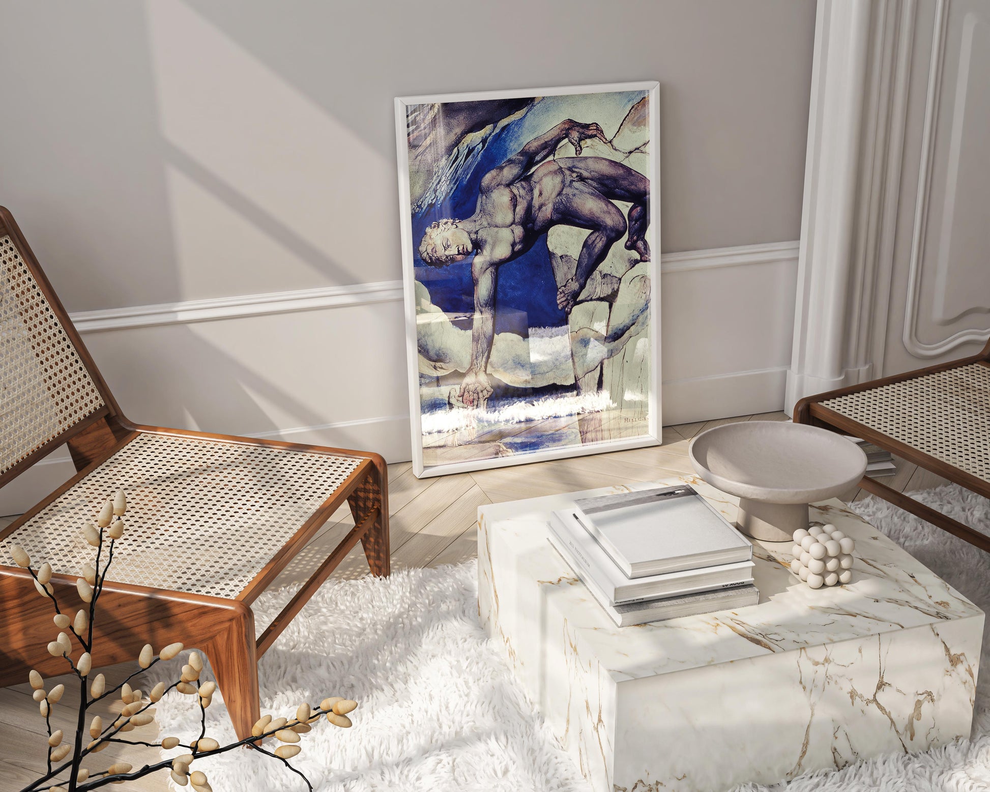 A high-quality giclée print of Blake's masterpiece, "Dante and Virgil," beautifully framed and styled as elegant wall decor in a modern luxury living room.