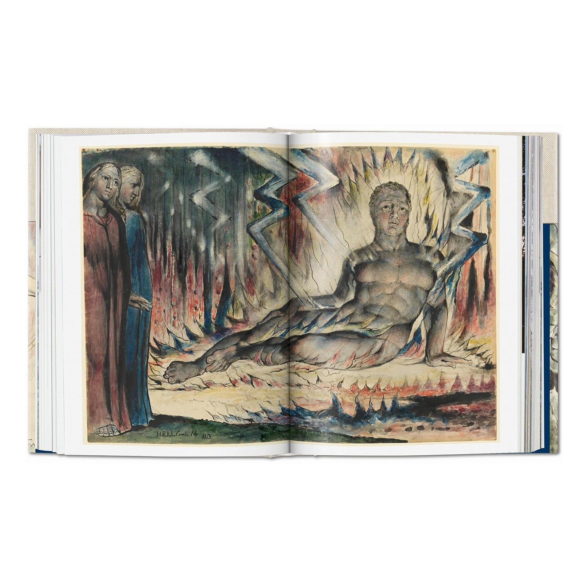 A full-page illustration by William Blake for Hell Canto 14, depicting the blasphemer Capaneus lying on the burning sand, a classic fine art drawing.