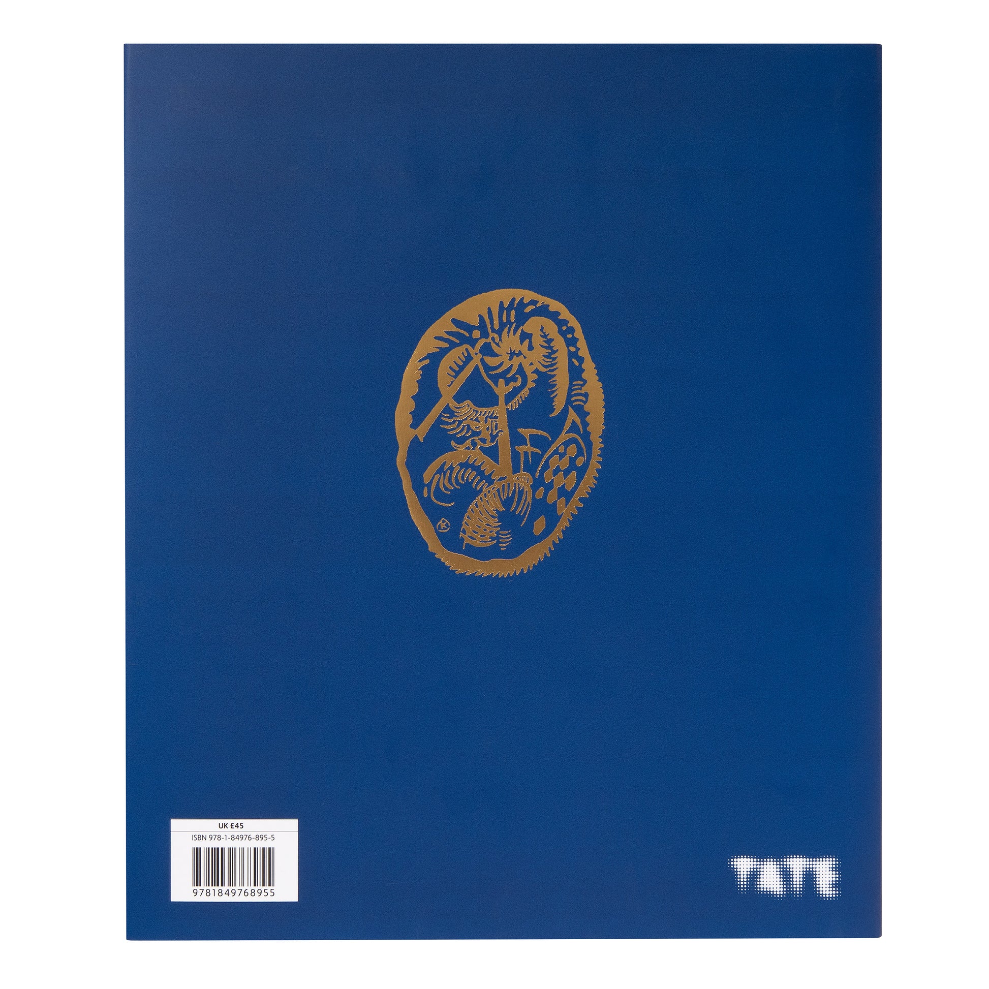 The back cover of the Tate's 'Expressionists' exhibition catalogue, a deep blue hardcover with an embossed gold symbol from the Blue Rider art movement.