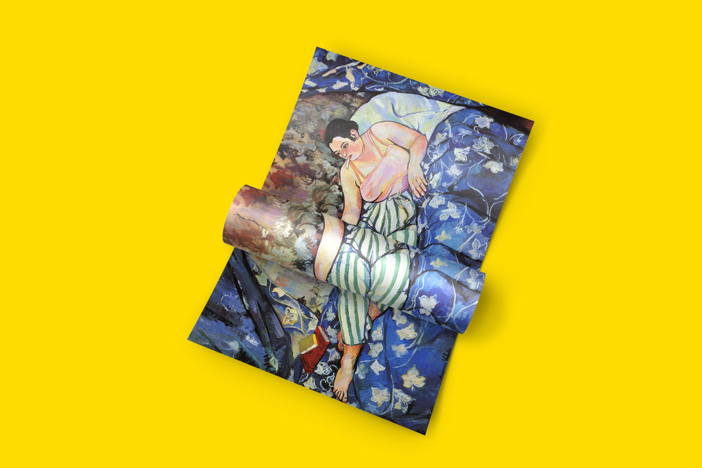 Close-up of Suzanne Valadon's The Blue Room fine art print highlighting vibrant blue floral patterns, striped motifs, and expressive post-impressionist brushwork in gallery-quality wall art