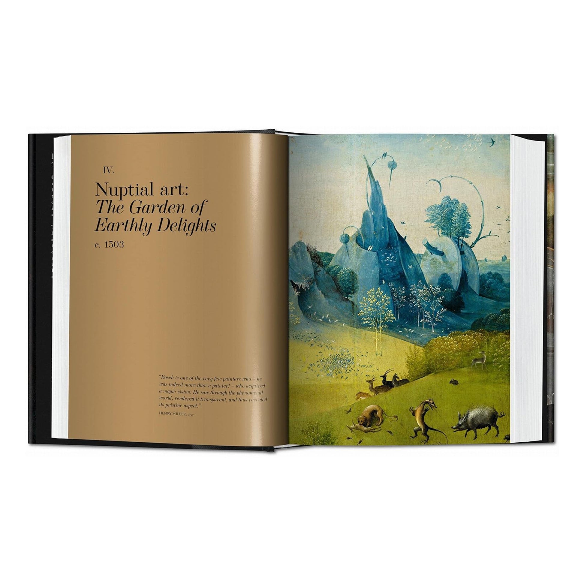 An interior view of the TASCHEN book, featuring a close-up of a surreal and whimsical scene from a Hieronymus Bosch painting.
