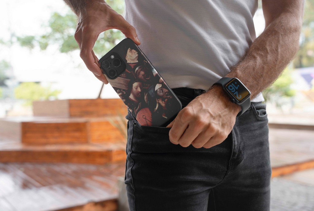 Hieronymus Bosch religious art phone cover, an exclusive ARTSNOB product, blending classic painting with modern phone protection, ideal for those seeking unique fine art accessories.