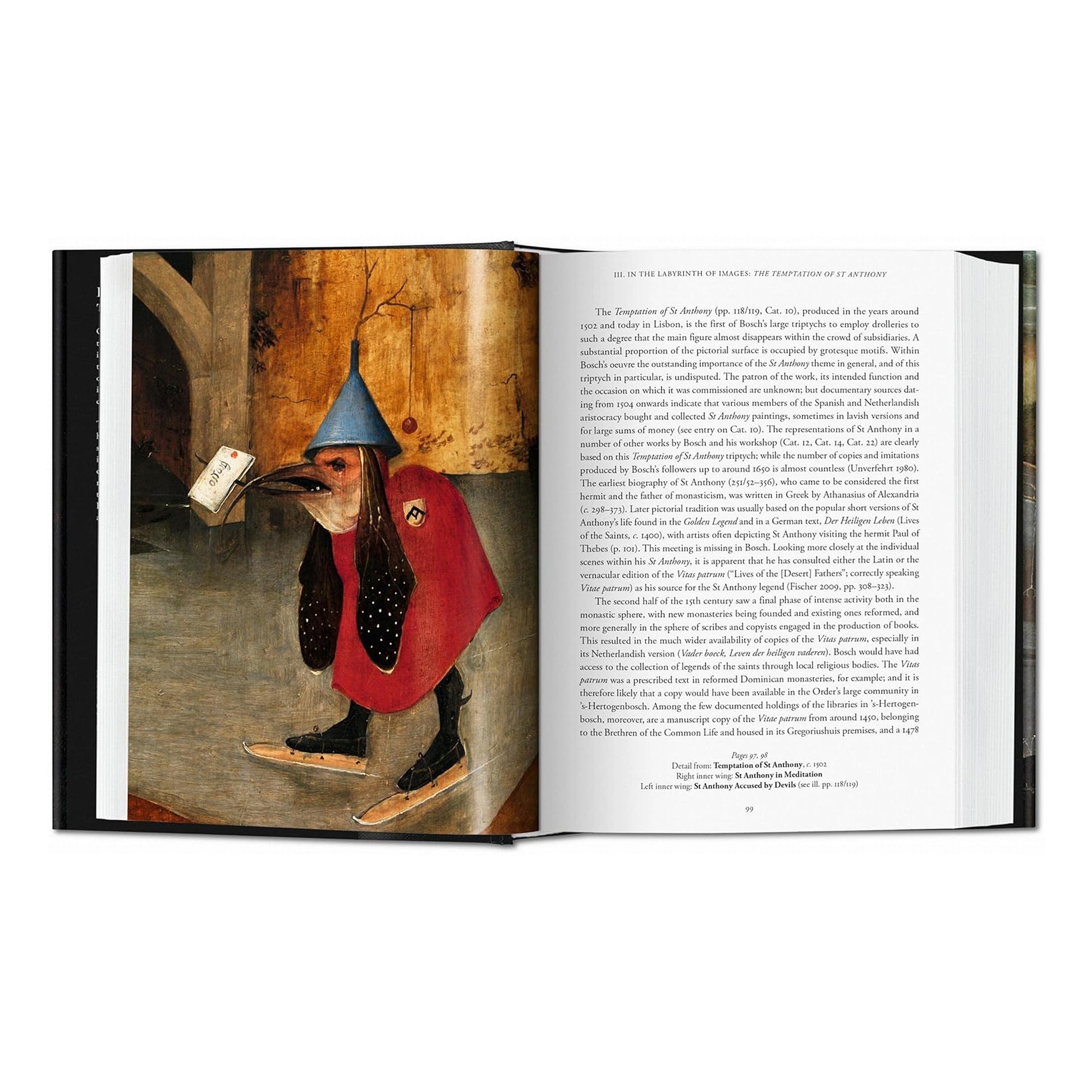 An open page from the Hieronymus Bosch Complete Works book, displaying a detailed image of a bird-like demon from The Temptation of St. Anthony.