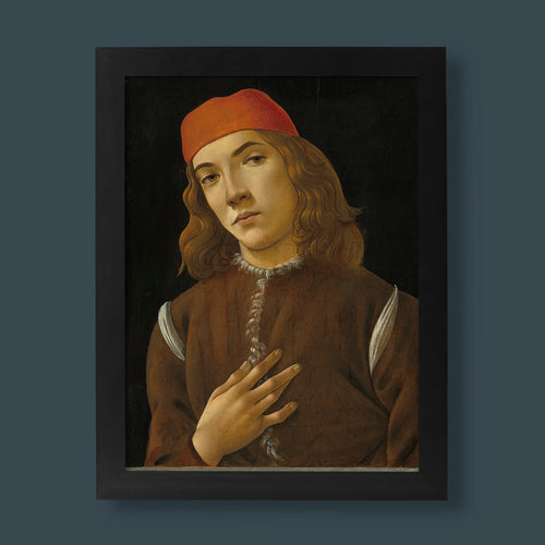 Sandro Botticelli Portrait of a Young Man fine art print, Renaissance portrait wall art with rich red cap and russet tunic, giclée art print by ART SNOB