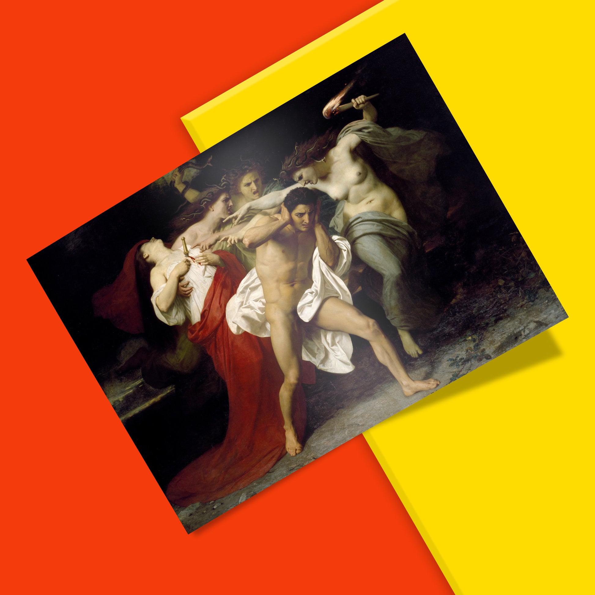 Close-up detail of Bouguereau Orestes and Furies art print showing 12-colour giclée printing quality and vivid colour reproduction on premium matte paper