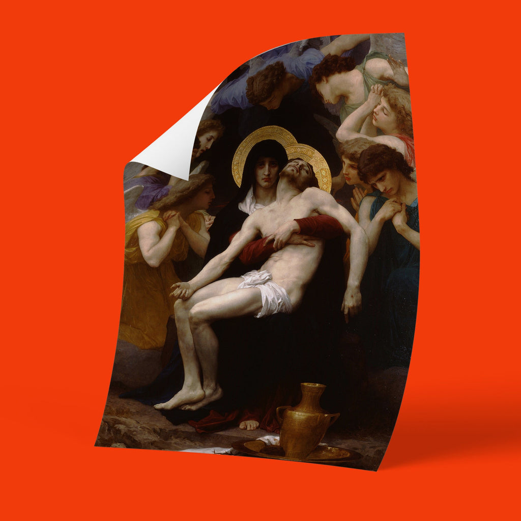 French academic painting Pietà by Bouguereau featuring Virgin Mary, dead Christ, and mourning angels, high-quality art print for collectors