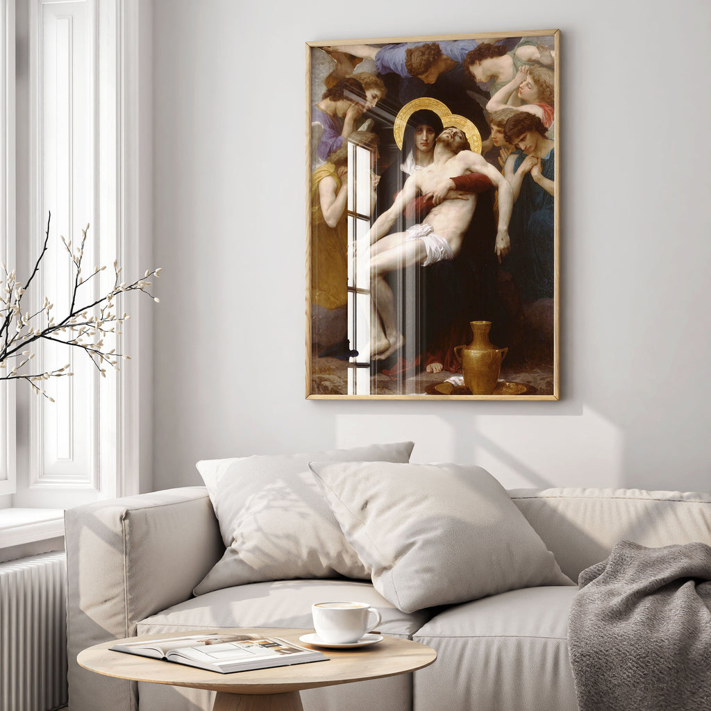 Classical religious wall art featuring framed William-Adolphe Bouguereau Pietà print in sophisticated home interior, perfect framed artwork for collectors