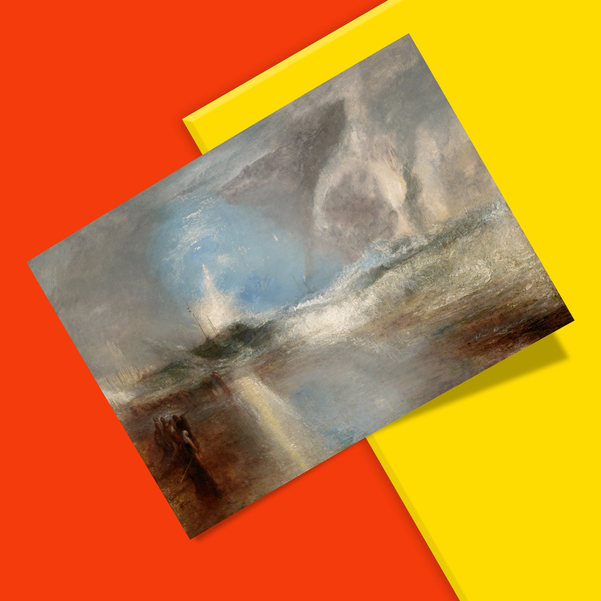 Iconic British landscape art by J. M. W. Turner depicting a storm in an English harbour with spectators on the shore, available as a high quality art print.