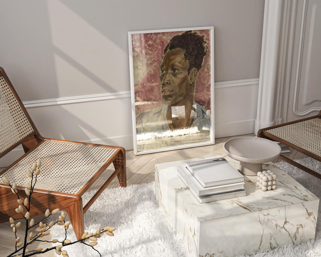 Framed fine art print of Glyn Philpot's Portrait of Henry Thomas hanging in modern home interior, museum quality framed wall art showcasing revolutionary British portrait painting of Black identity and dignity