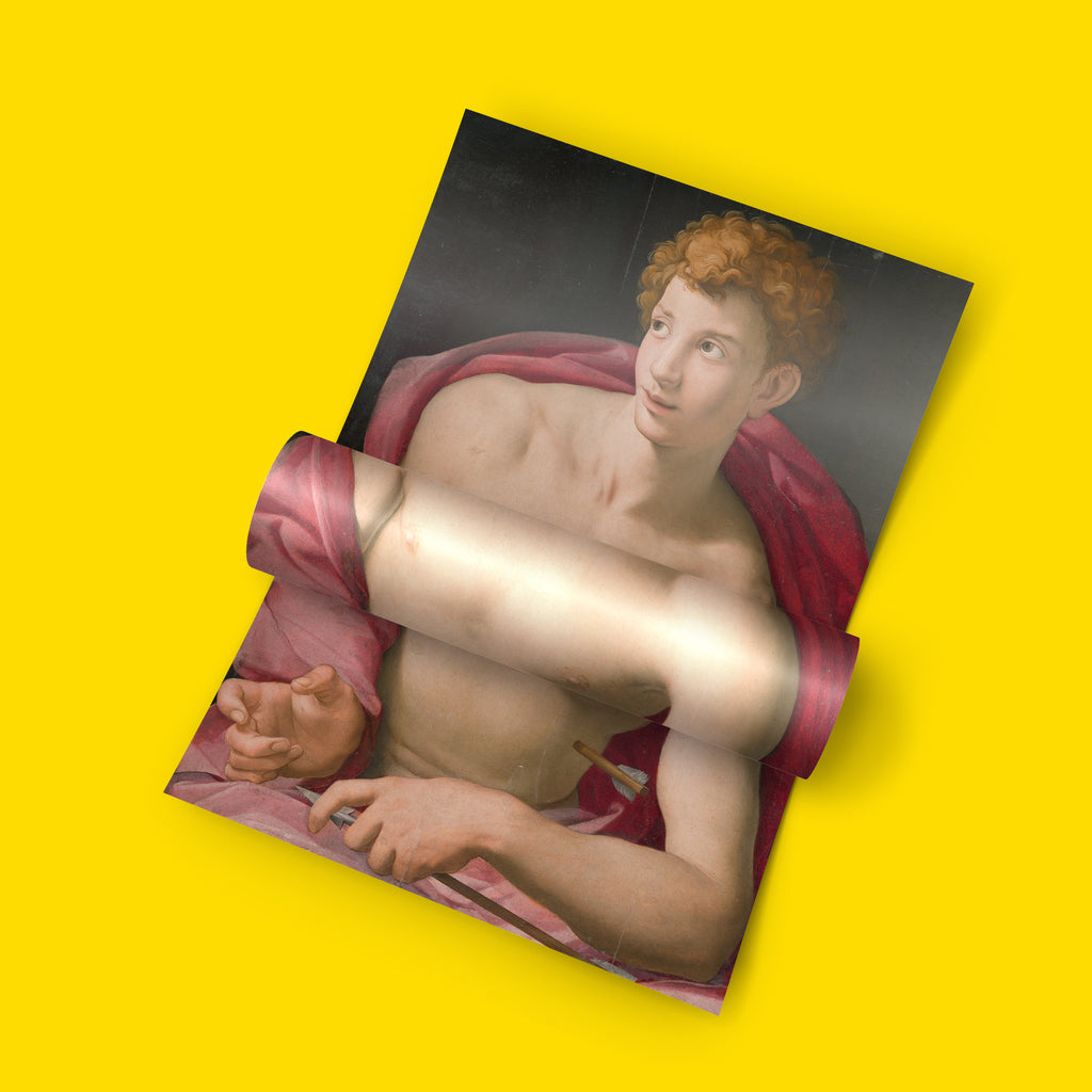 Bronzino Saint Sebastian art print showing a red-haired young man with a magenta cloak against a dark background