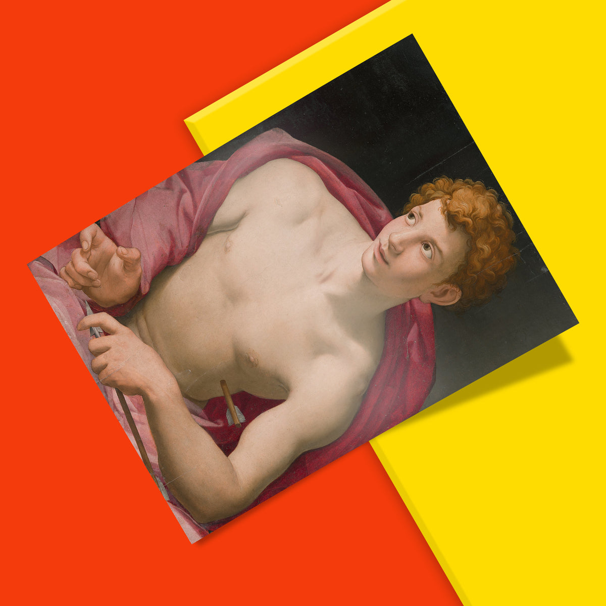Close-up detail of the red curls and sideways glance in Bronzino’s Mannerist portrait of Saint Sebastian