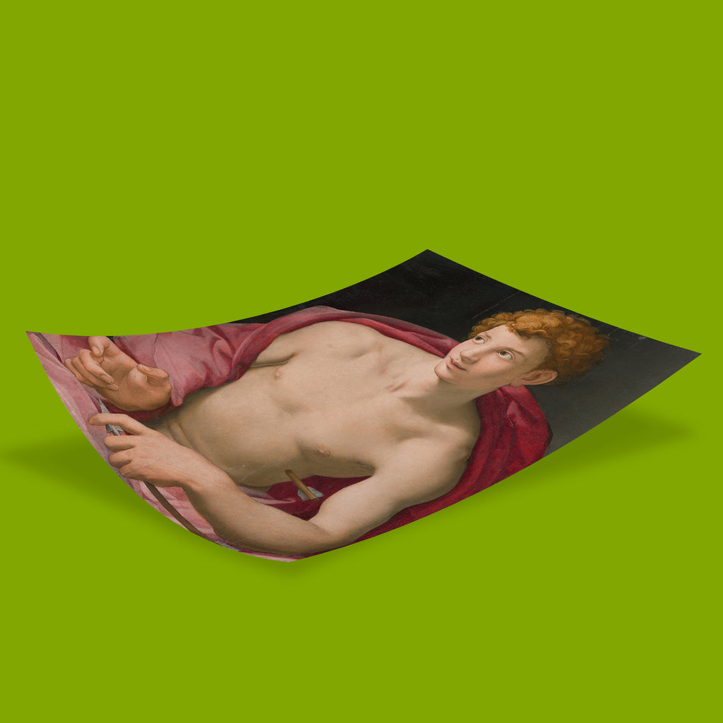 Detail of the arrow and white feather fletching in Bronzino’s Saint Sebastian Florentine Renaissance painting