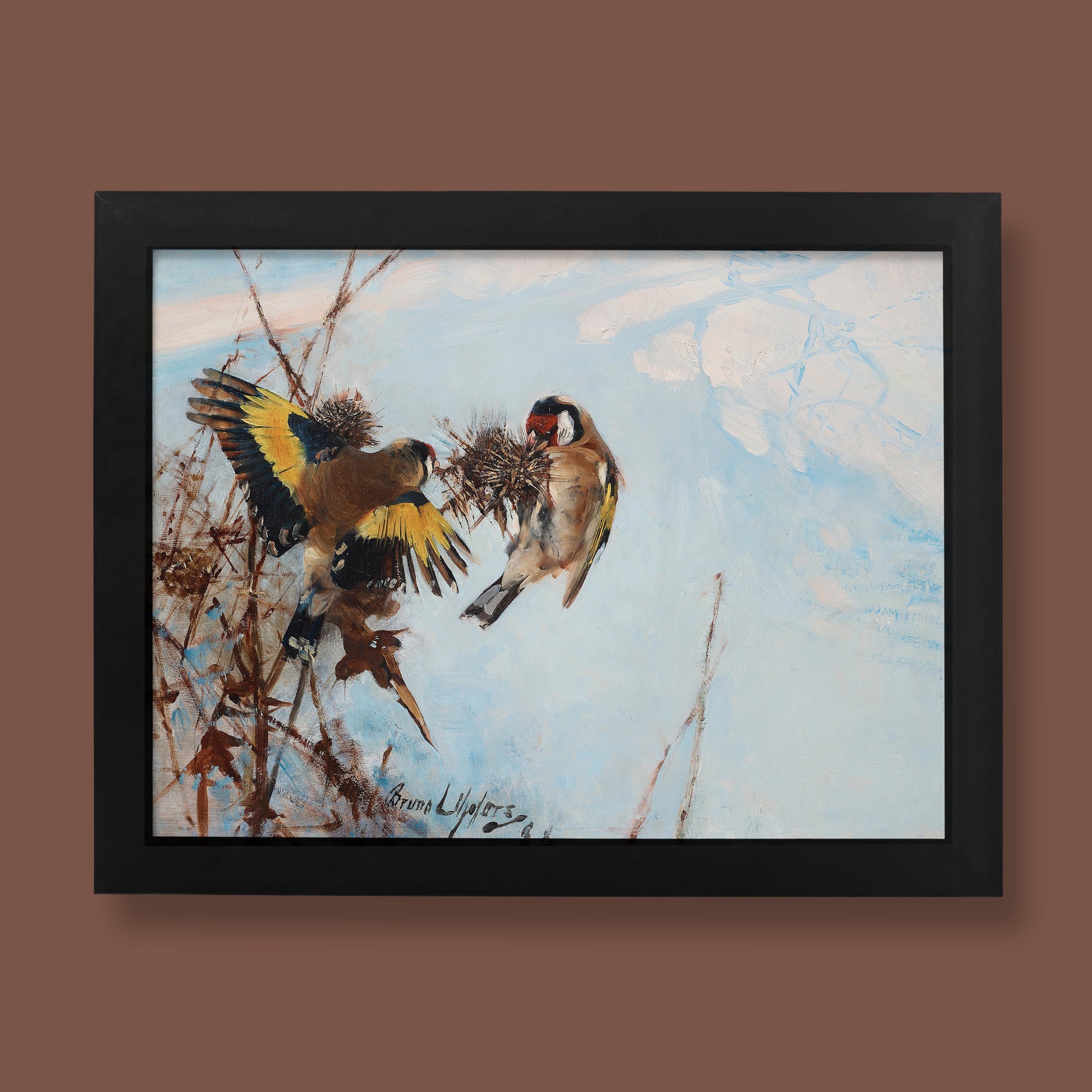 Bruno Liljefors Goldfinches fine art print showing two birds on thistles with yellow and brown plumage against soft blue sky, museum quality wall art