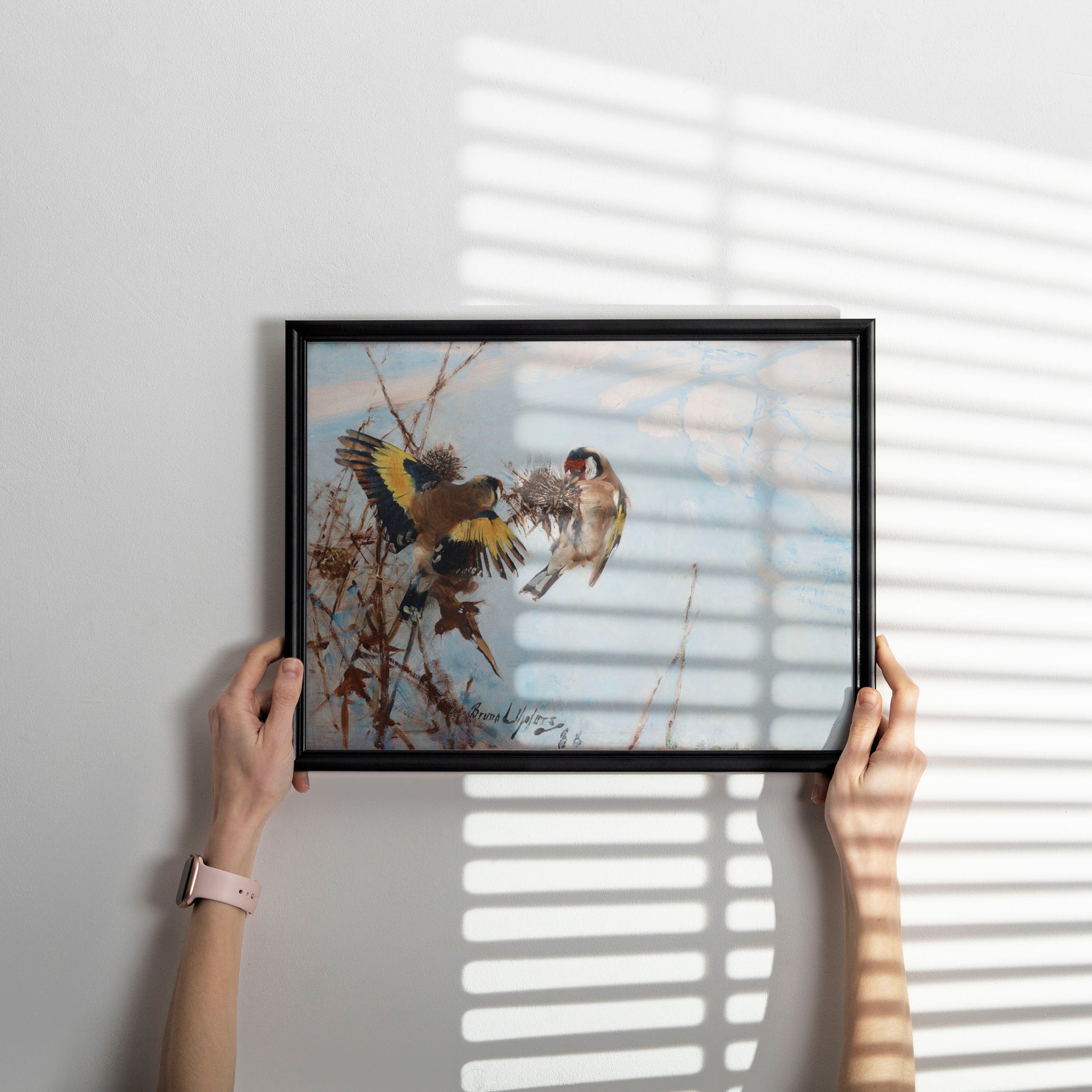 Framed Bruno Liljefors Goldfinches fine art print, vintage Swedish bird painting for gallery wall, premium art reproduction