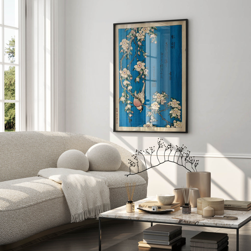 Katsushika Hokusai cherry blossom art print, elegant wall decor inspired by Japanese fine art