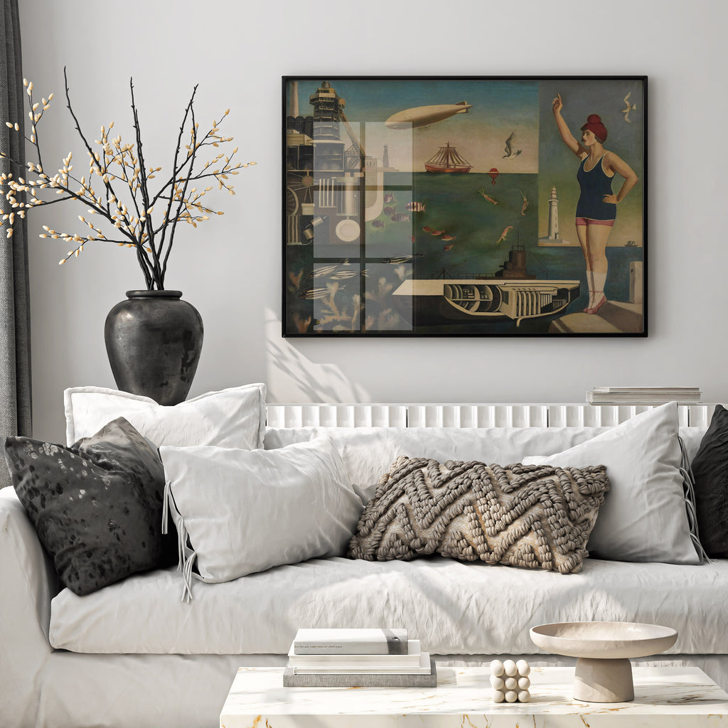 Surrealist wall art print of Harue Koga's Sea, the first Surrealist work created in Japan, showing a bather, fish, ships, and a blimp