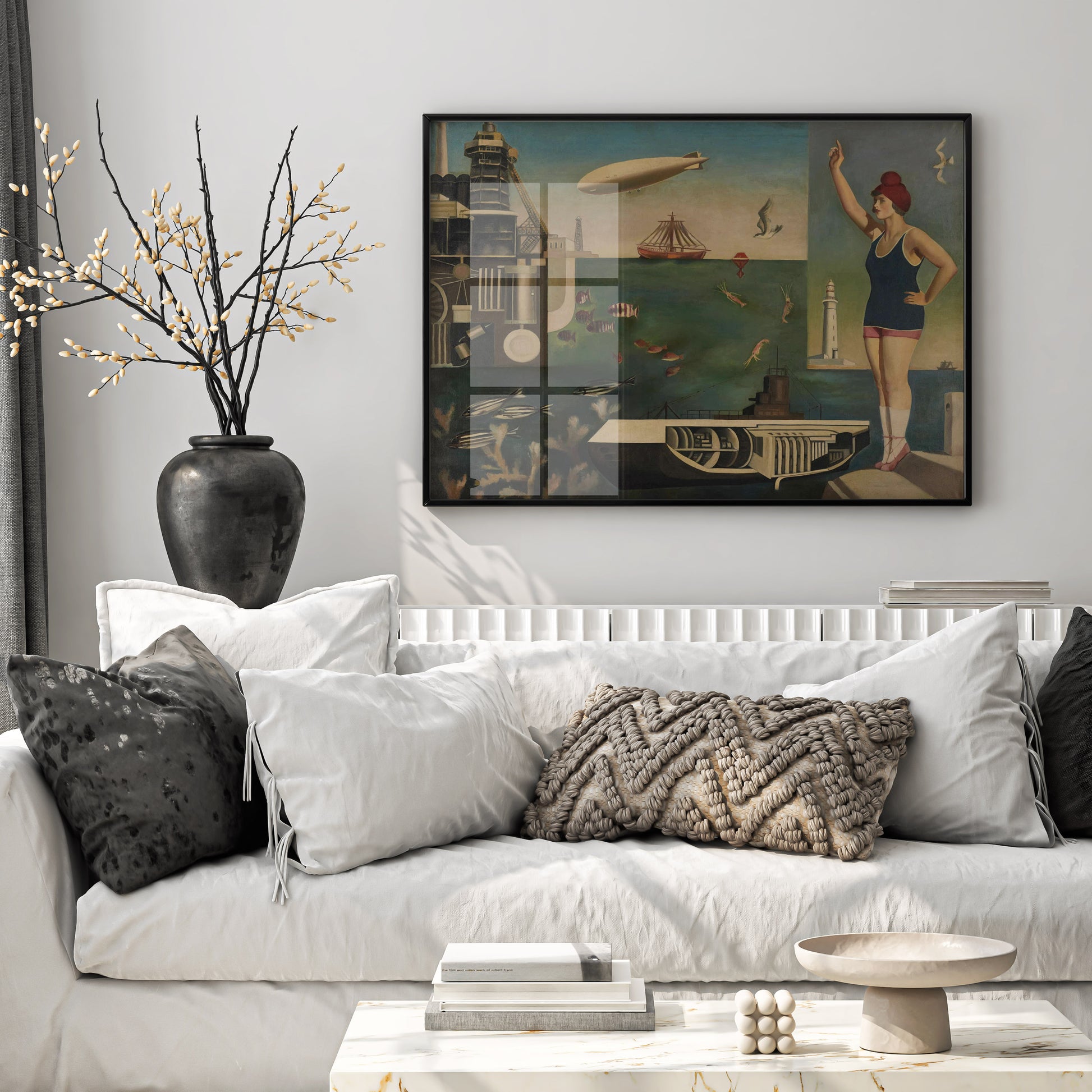 Surrealist wall art print of Harue Koga's Sea, the first Surrealist work created in Japan, showing a bather, fish, ships, and a blimp