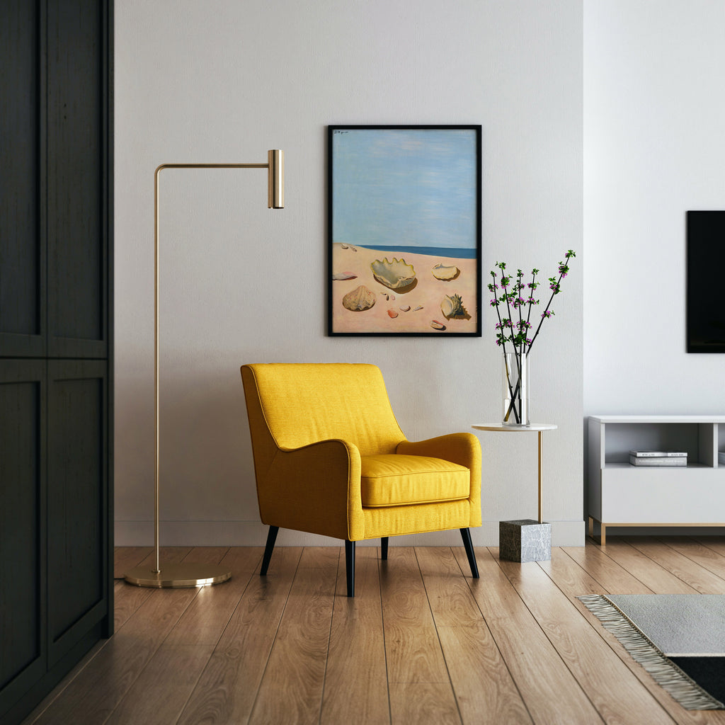 Fine art poster print of Kotaro Migishi's 1934 coastal oil painting The Sea and Sunshine, depicting a tranquil seascape with scattered shells and brilliant sunlight