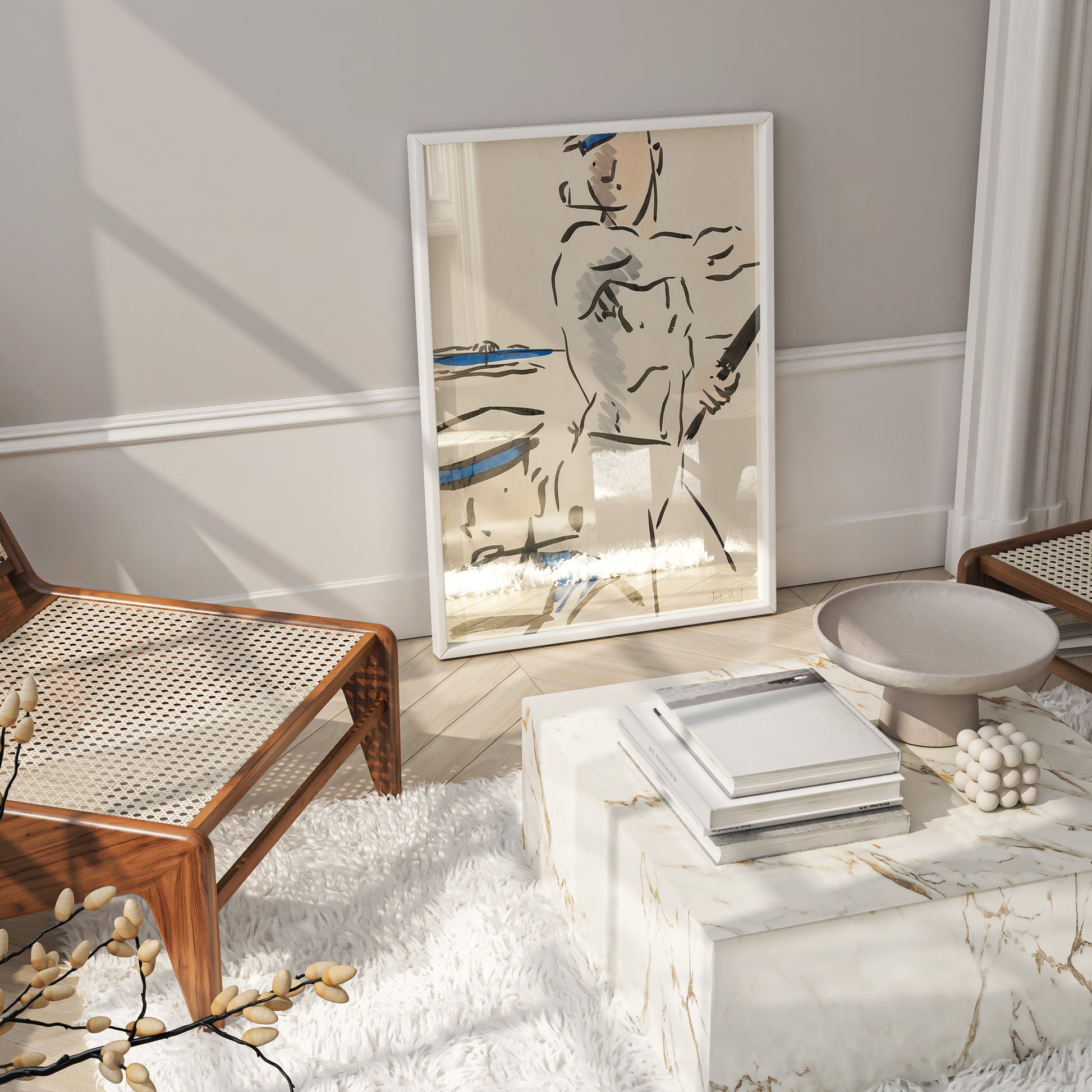 FCB Cadell Two Sailors framed art print in minimalist black frame, Scottish maritime artwork for elegant wall decor