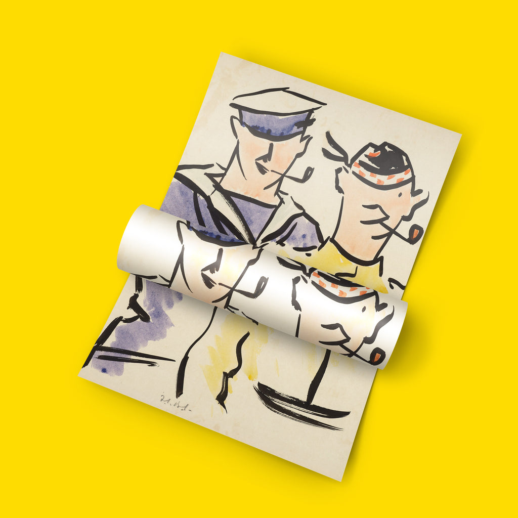 Vintage Scottish art print by FCB Cadell showing sailor and gentleman in blue and yellow watercolour, museum quality wall art